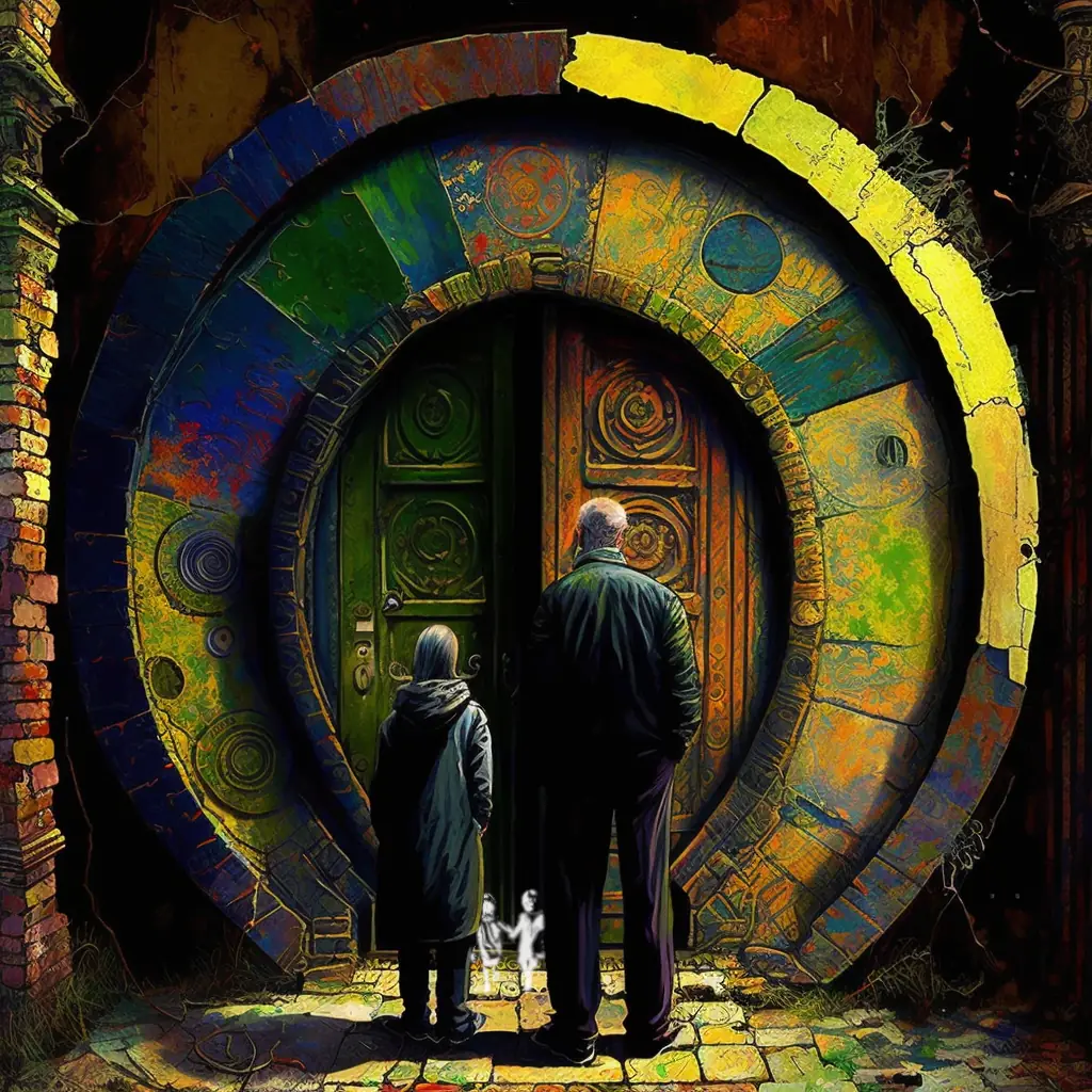 An artistic rendering of a man and his child standing before an abstract and old oval doorway. The scene is very peaceful and contemplative.