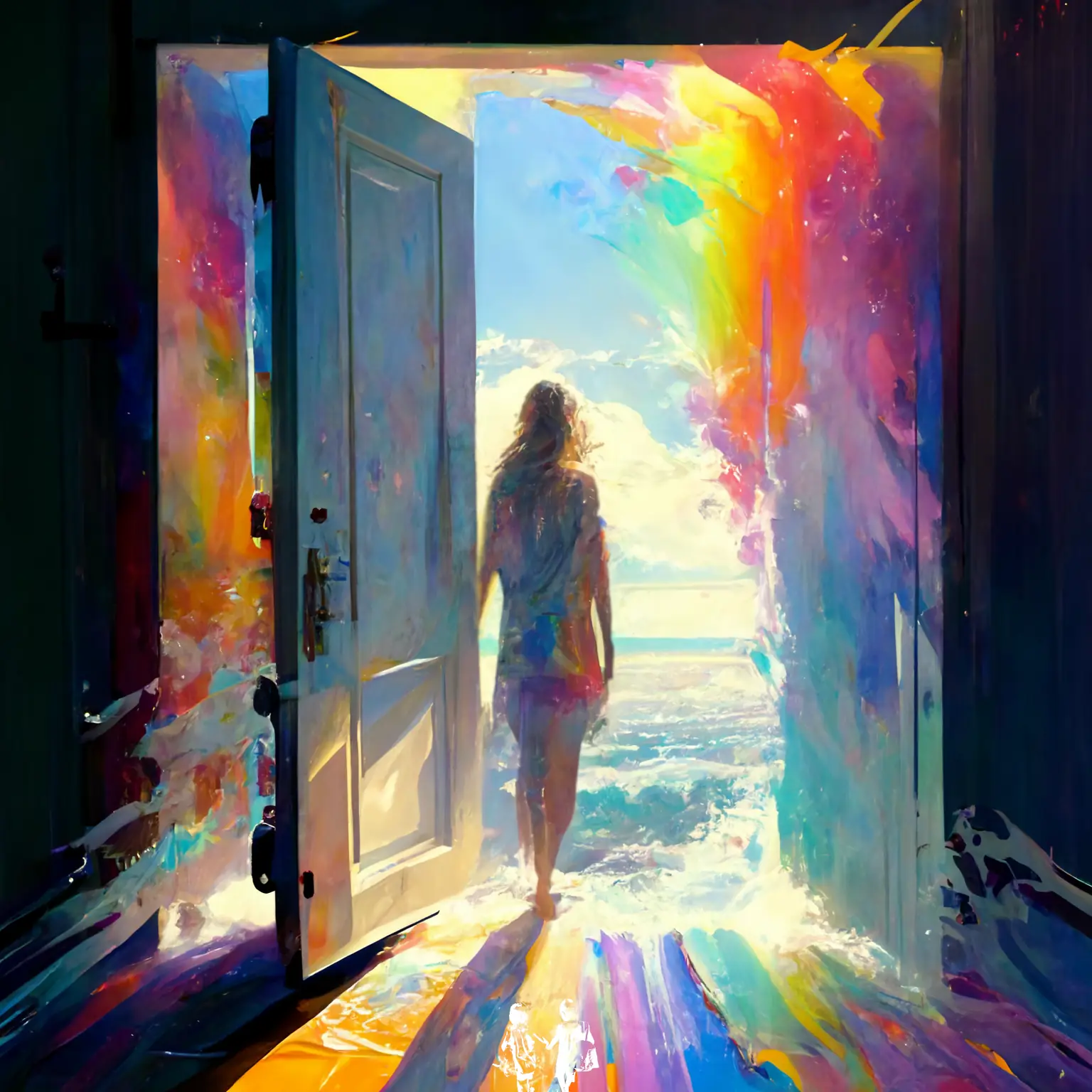 A colourful artistic rendering of a woman standing in an open doorway looking out on to the sea. It's a very happy and full of life image.