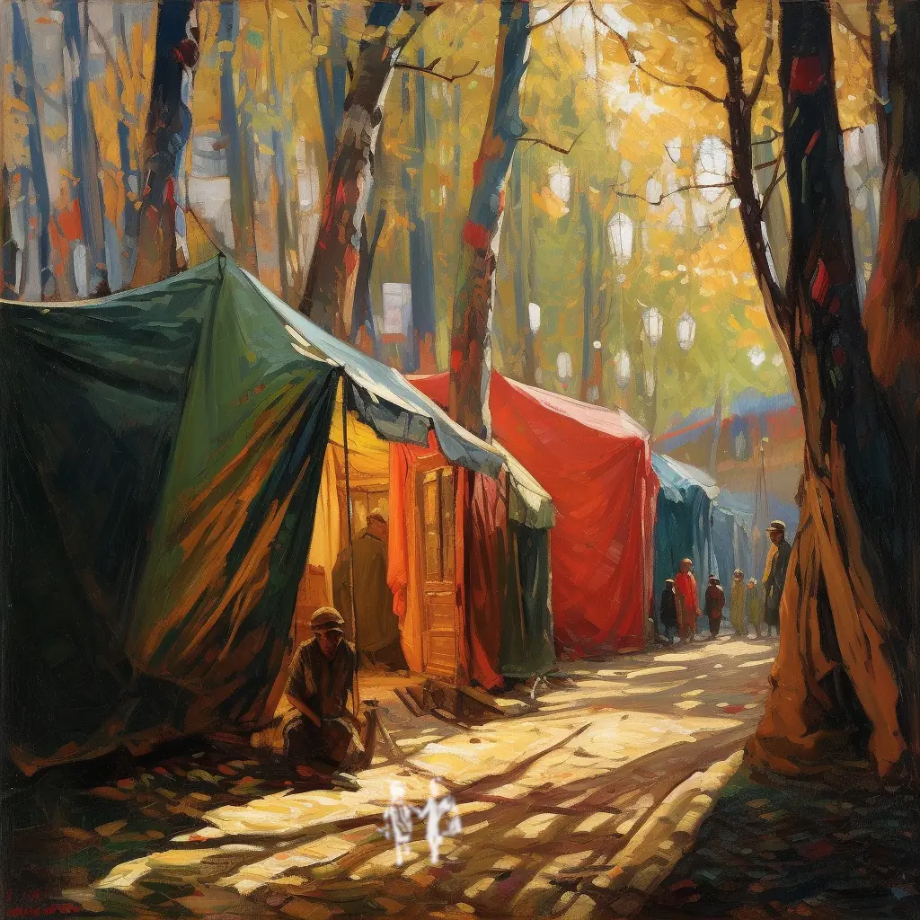 An artistic rendering of colourful tents on a path in the woods.
