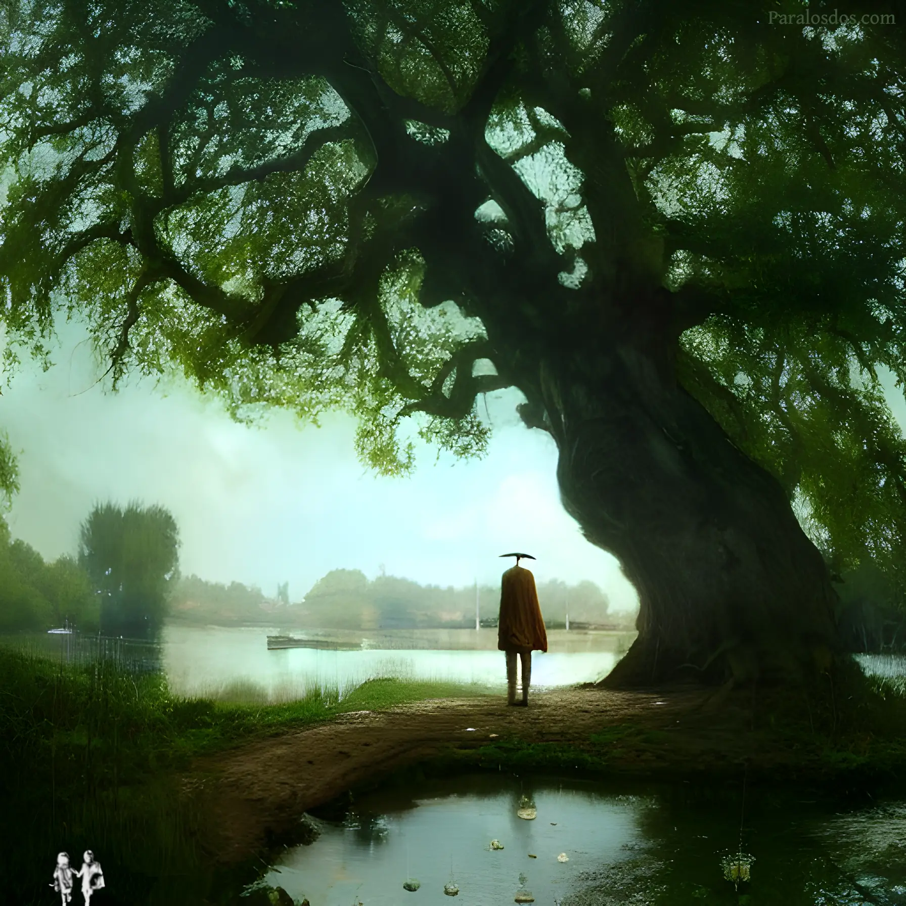An artistic rendering of a figure standing in contemplation under a large tree by water.