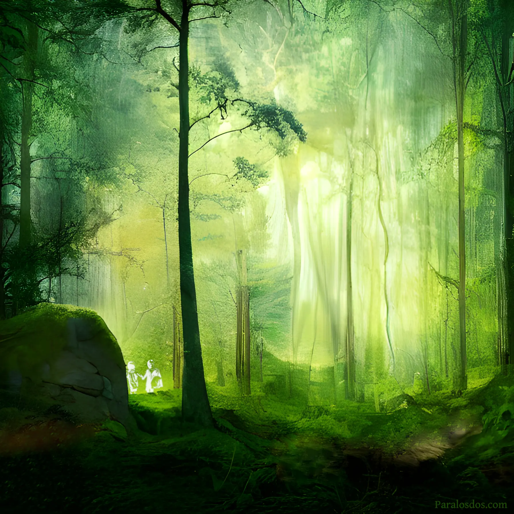 An artistic rendering of sunlight reaching into a jungle.