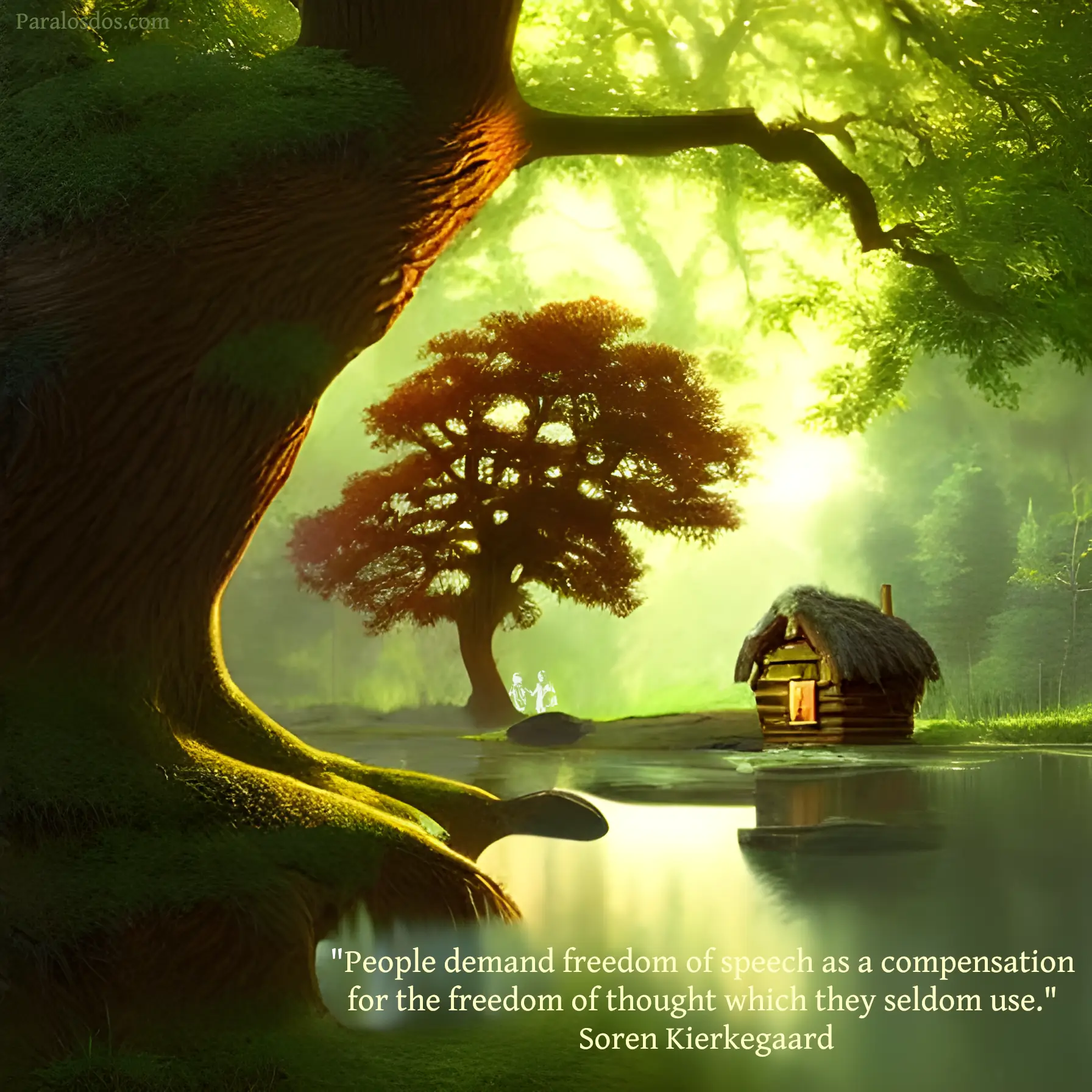 An artistic rendering of a small cabin on the edge of a forest lake. The quote reads: "People demand freedom of speech as a compensation for the freedom of thought which they seldom use." Søren Kierkegaard