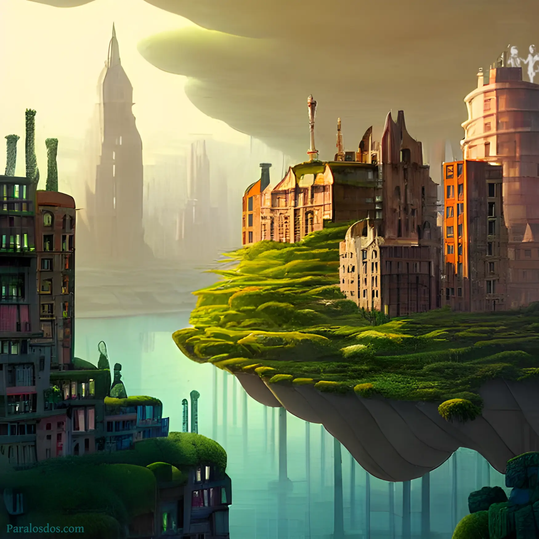 A fantastical rendering of a city that appears to be floating in the air.