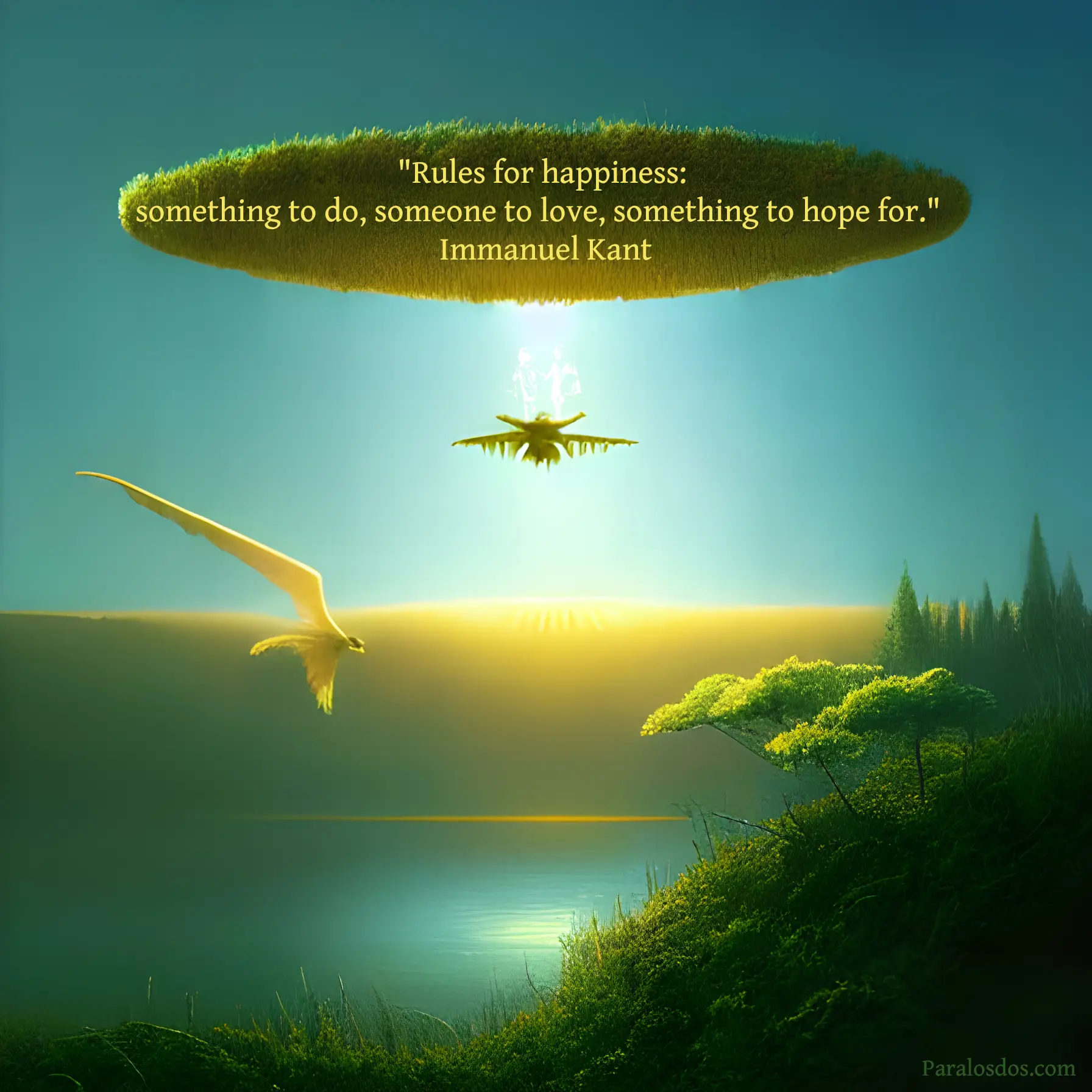 A fantastical artistic rendering of a majestic bird flying above a lake, while a disk of grass floats in the air. The quote reads: "Rules for happiness: something to do, someone to love, something to hope for." Immanuel Kant