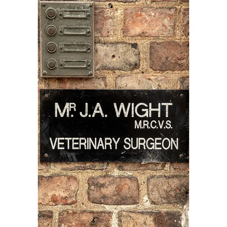 Sign for the veterinarian, James Alfred Wight. Real name of author James Herriot.