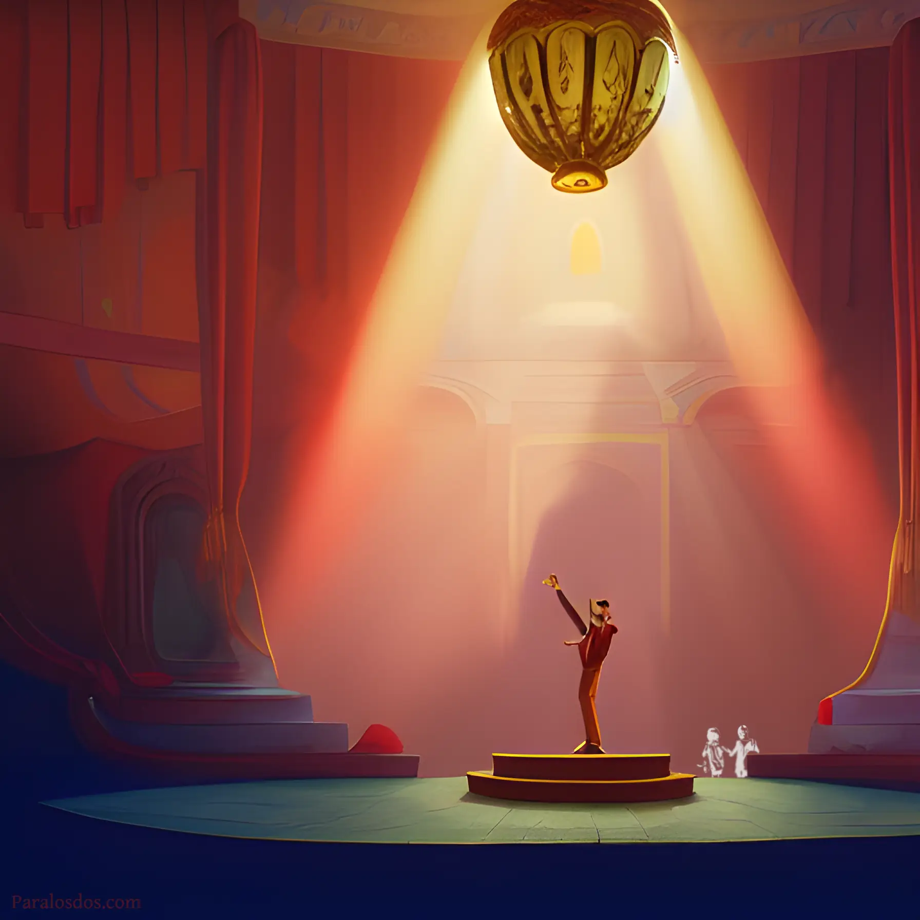 An artistic rendering of a figure orating on a stage in the spotlight.