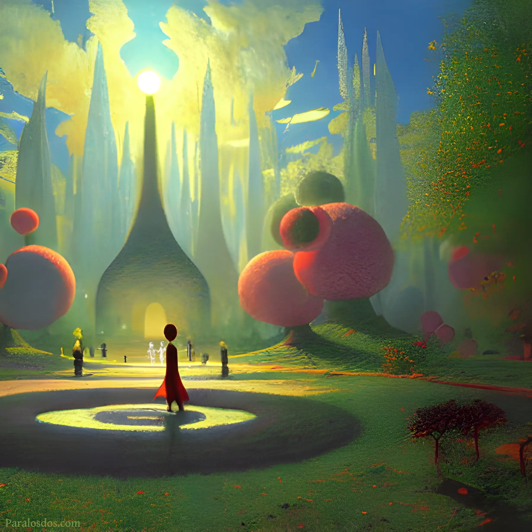 A fantastical artistic rendering of a vaguely futuristic scene in a park. There is a backlit doorway in a building in the background.