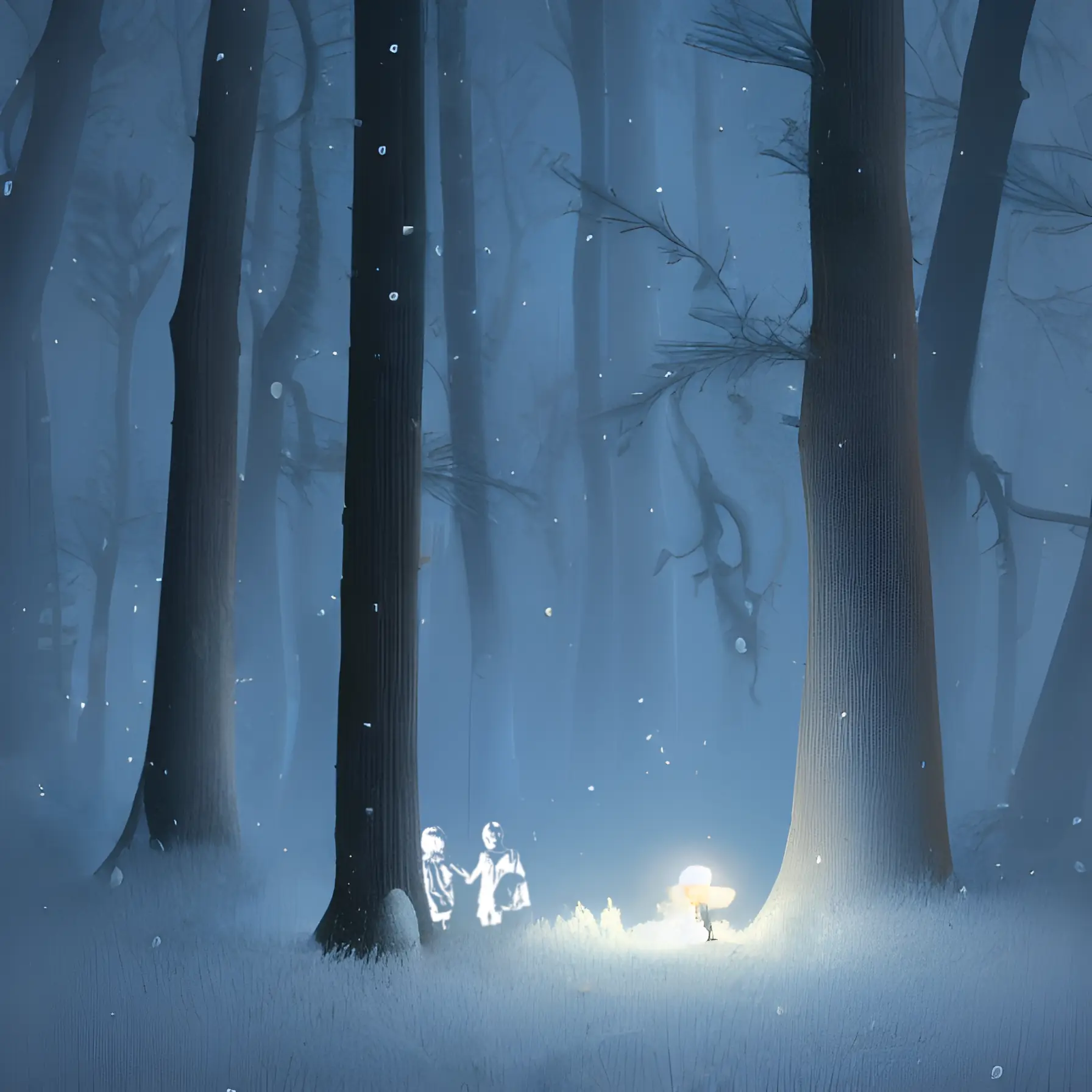 An artistic rendering of a woods in the winter at night. There is a light glowing up from the ground in one spot.