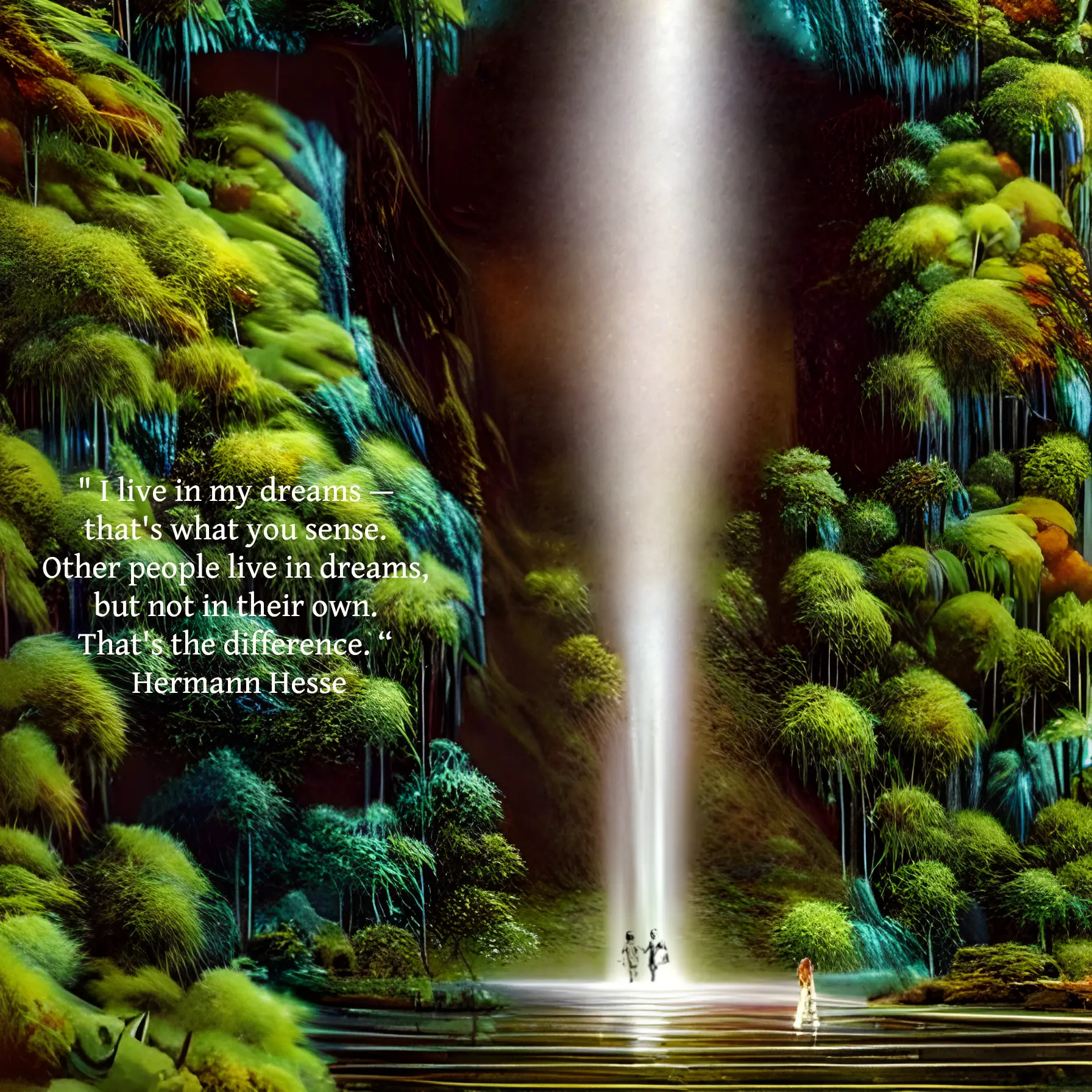 An artistic rendering of a misty waterfall descending into a shallow lake in a beautiful forest. There is a woman in walking in the lake. The quote reads: "I live in my dreams — that's what you sense. Other people live in dreams, but not in their own. That's the difference.“ Hermann Hesse