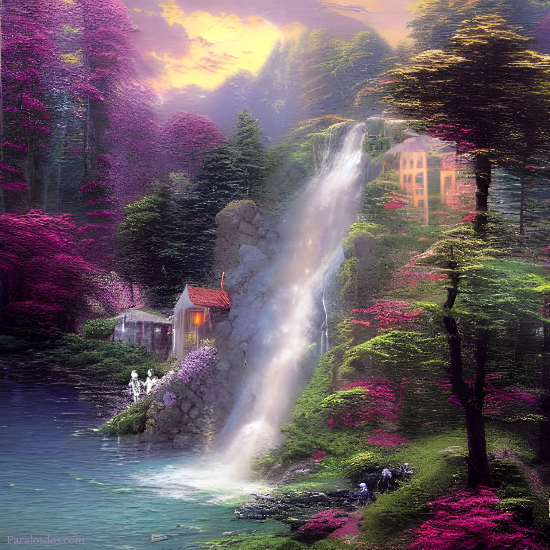An artistic rendering of a colourful forest with homes nestled beside a waterfall.