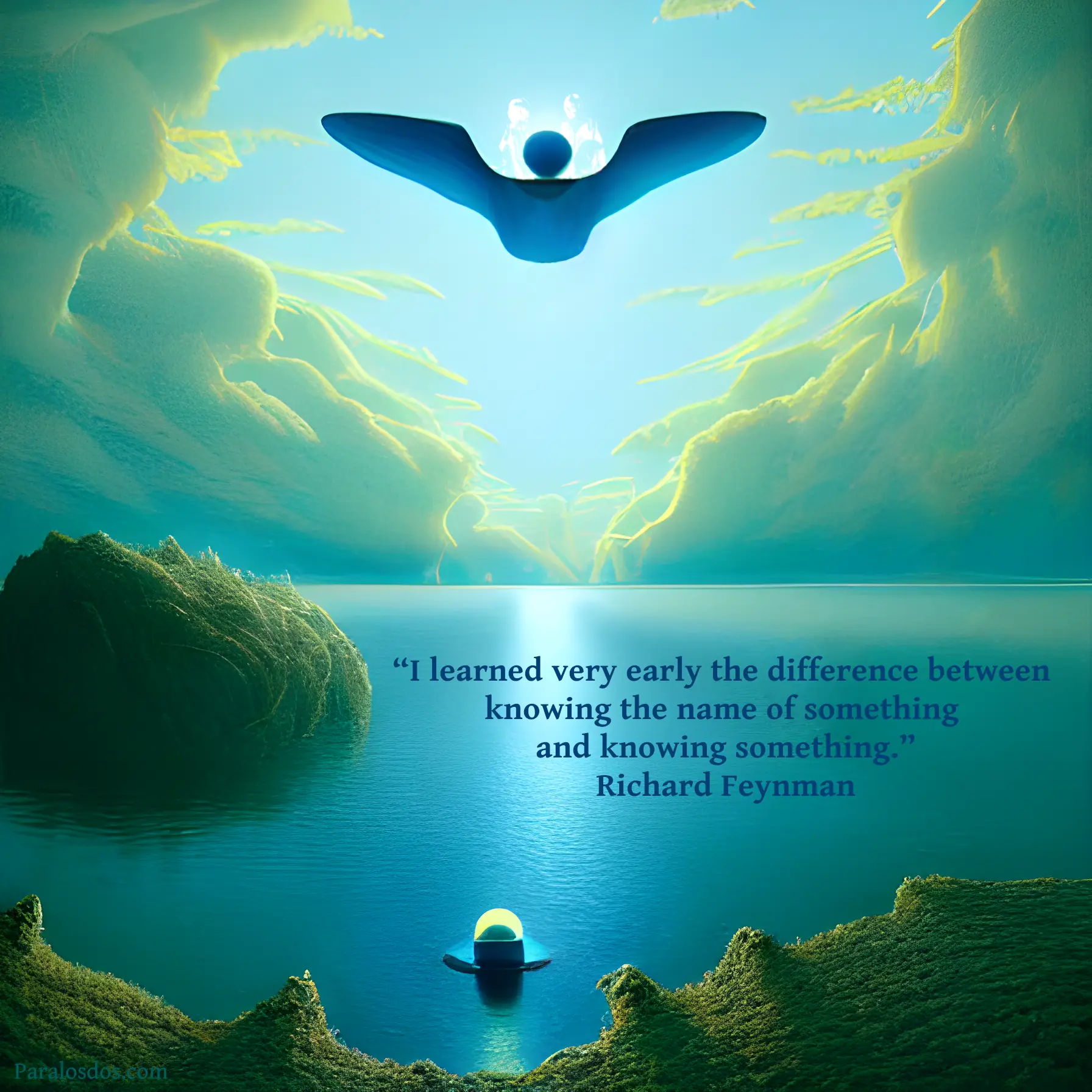 A fantastical artistic rendering of a creature flying above a lake. The quote reads: “I learned very early the difference between knowing the name of something and knowing something.” Richard Feynman