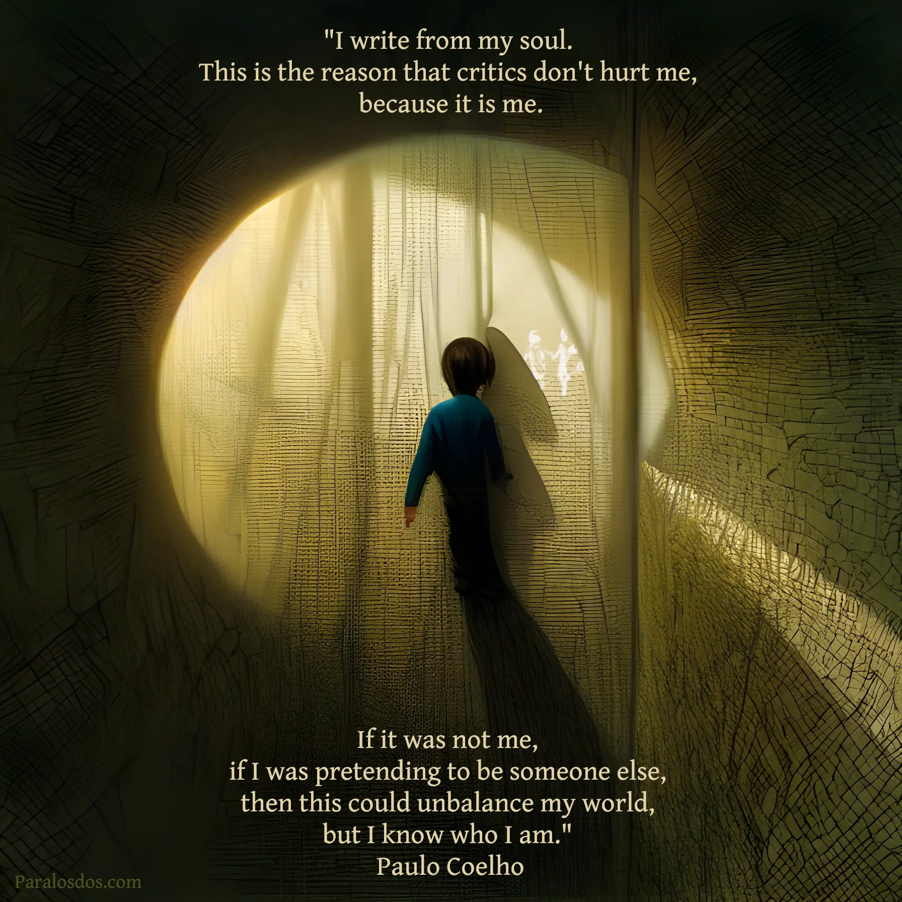 An artistic rendering of a figure in a shadowy woods about to walk into the light. The quote reads: "I write from my soul. This is the reason that critics don't hurt me, because it is me. If it was not me, if I was pretending to be someone else, then this could unbalance my world, but I know who I am." Paulo Coelho