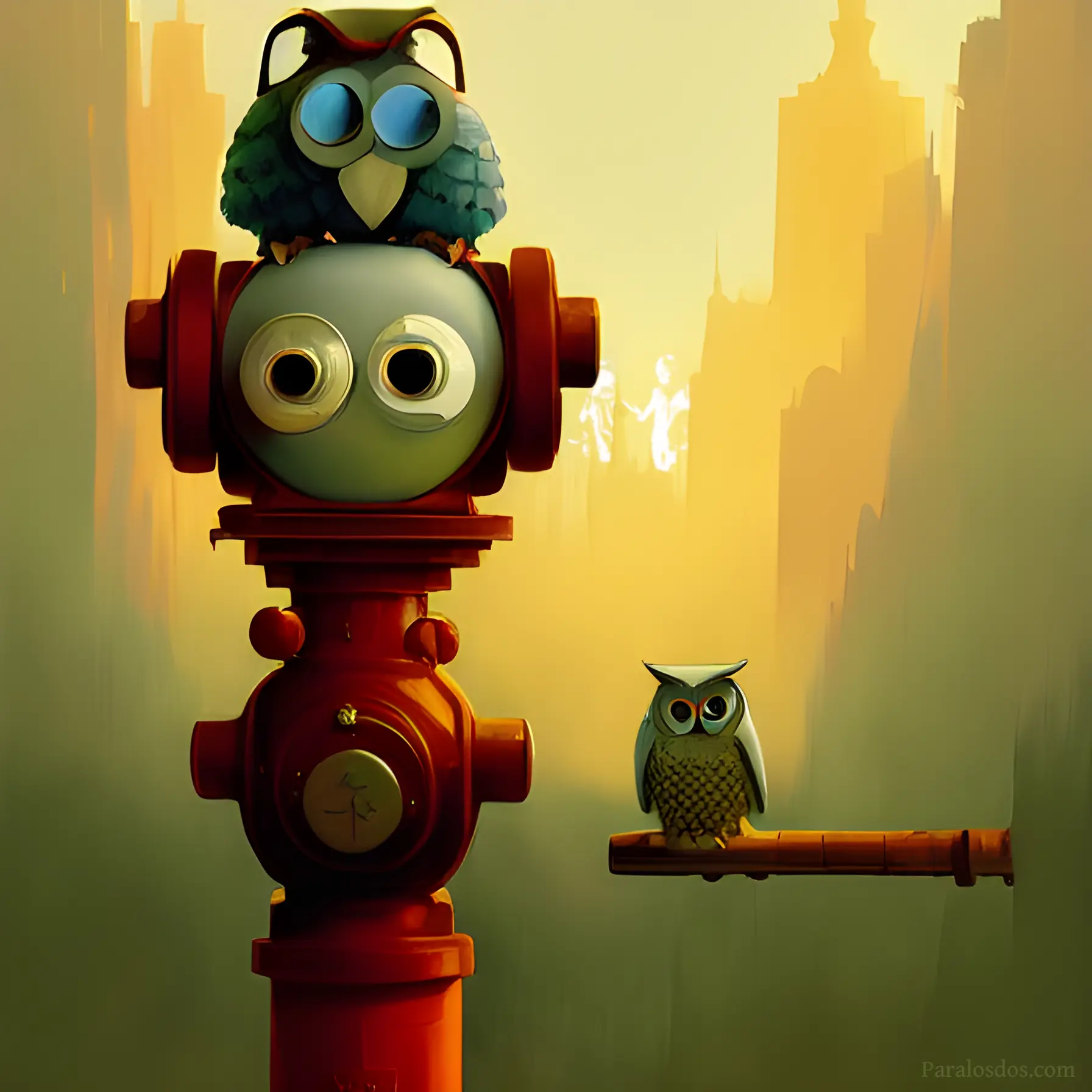 A fantastical artistic rendering of an owl on a fire hydrant beside a smaller owl perched on a pipe that is suspended magically in mid air.