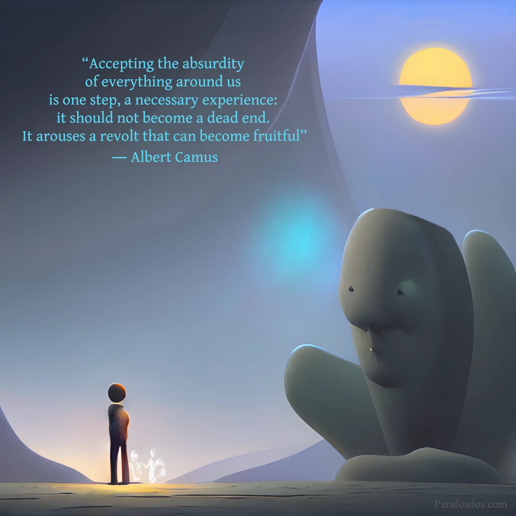 A fantastical artistic rendering of a figure being watched by a huge stone carving of a head. The quote reads: “Accepting the absurdity of everything around us is one step, a necessary experience: it should not become a dead end. It arouses a revolt that can become fruitful” Albert Camus