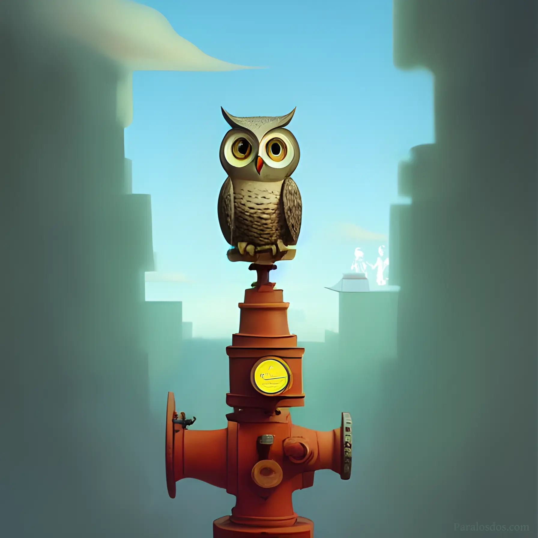 An artistic rendering of an owl perched atop a fire hydrant.