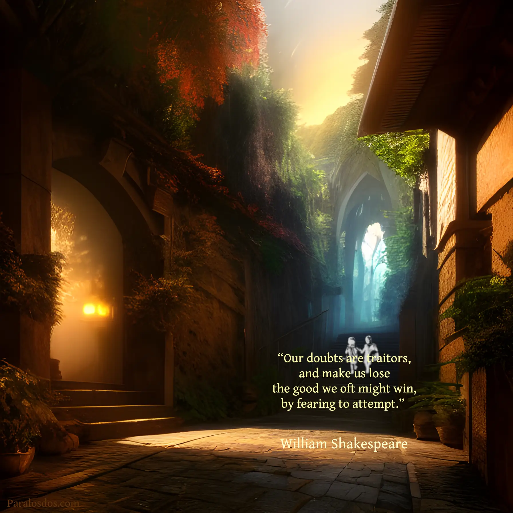 An artistic rendering of a village with a backlit doorway to the left and a backlit opening at the top of some stairs to the center right. The quote reads: “Our doubts are traitors, and make us lose the good we oft might win, by fearing to attempt.” William Shakespeare