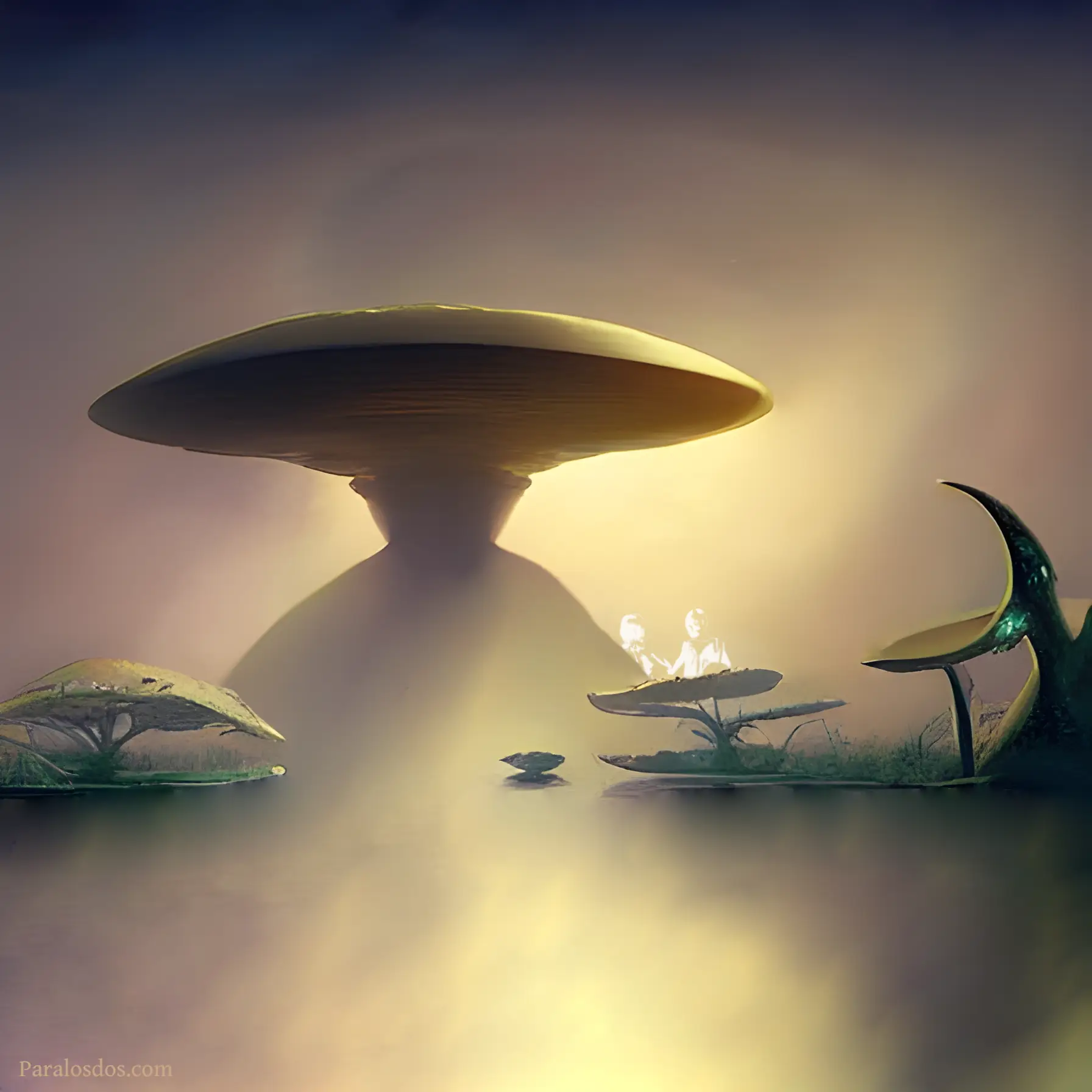 A fantastical artistic rendering of an alien structure rising out of a mystical lake.