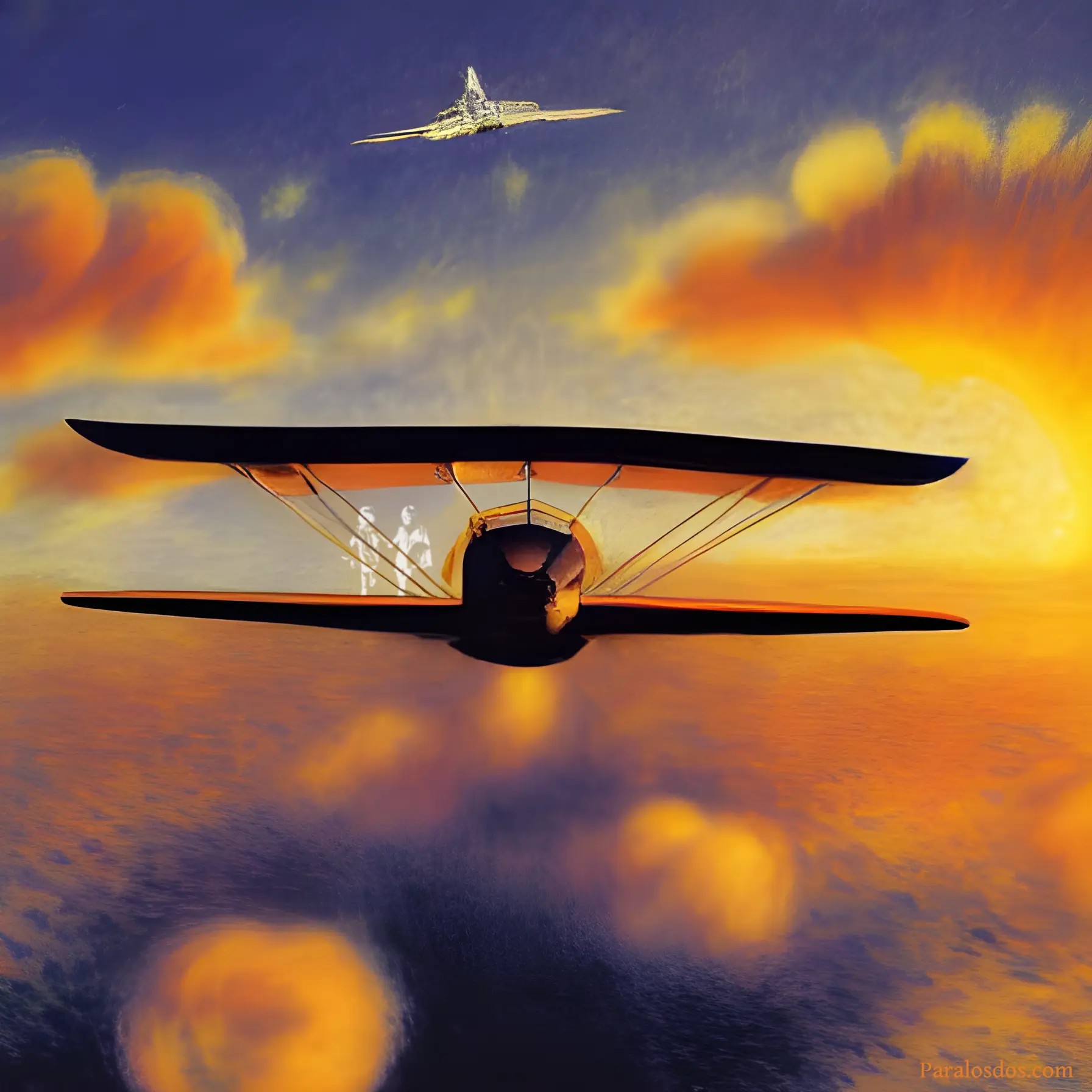 An artistic rendering of an old biplane in the foreground with a newer fighter plane in the background.