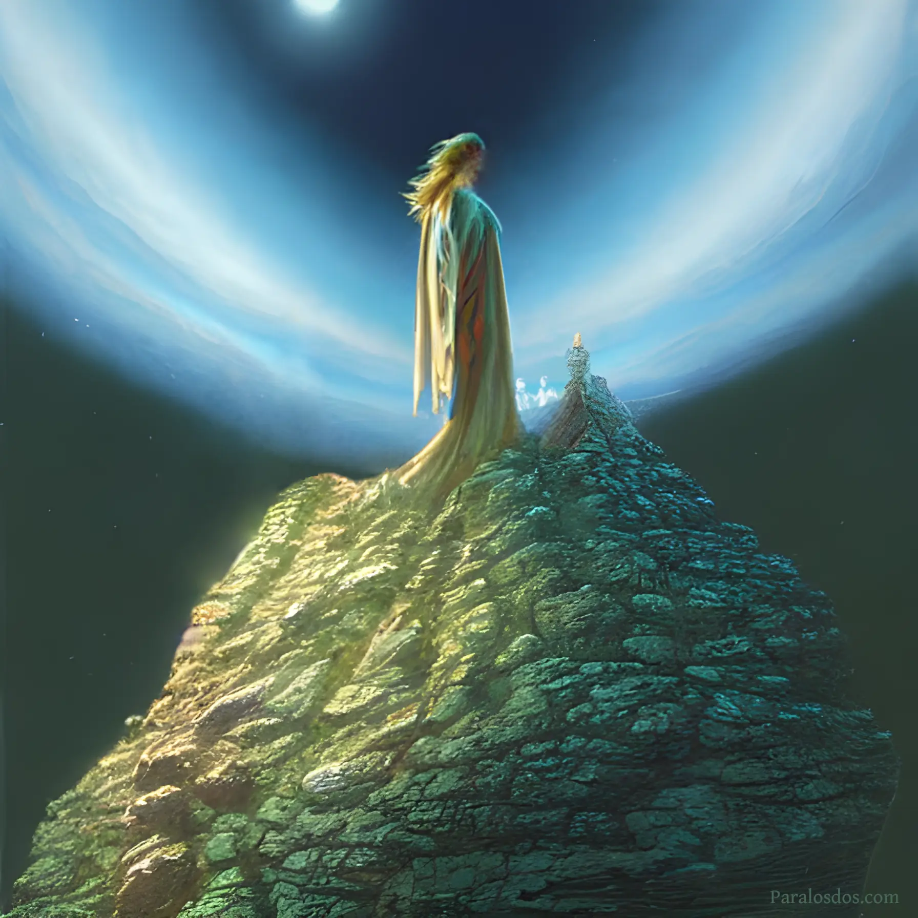 A fantastical artistic rendering of a figure atop a mountain staring up at other worlds.