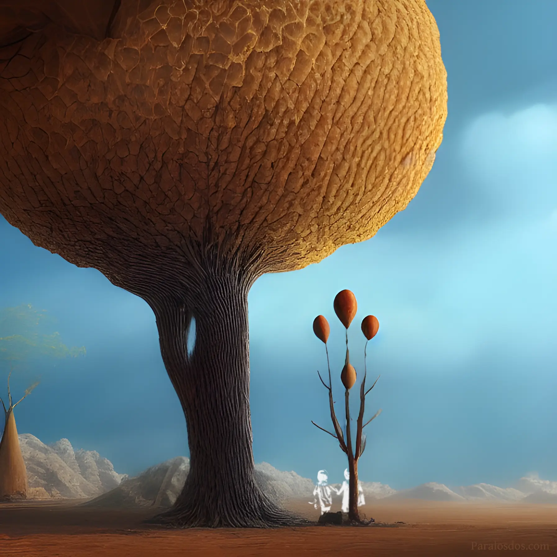 A fantastical artistic rendering of a weird big tree with an odd smaller tree to the right and in front of it.