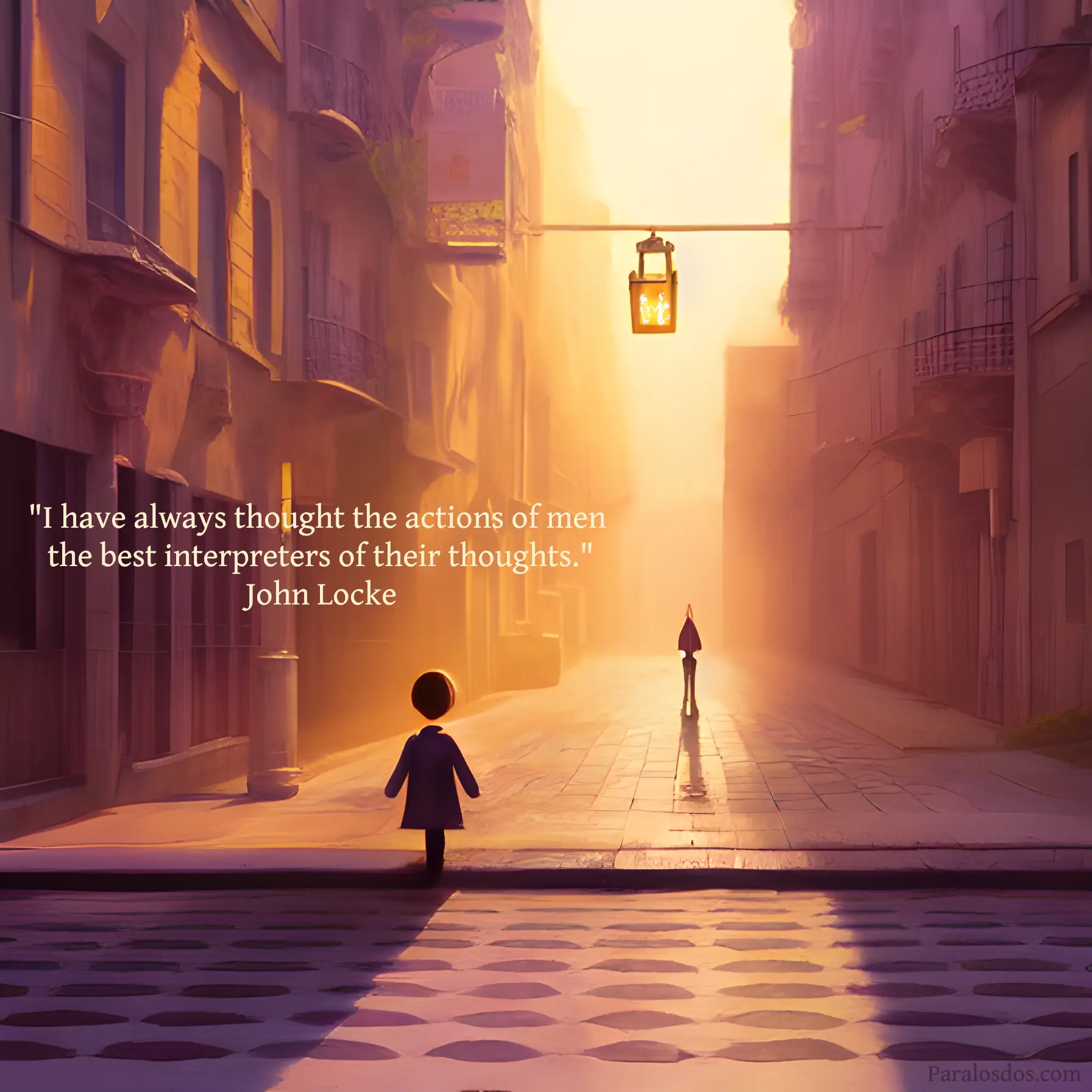 An artistic rendering of a lone figure walking down the middle of a street in a big city. The quote reads: "I have always thought the actions of men the best interpreters of their thoughts." John Locke