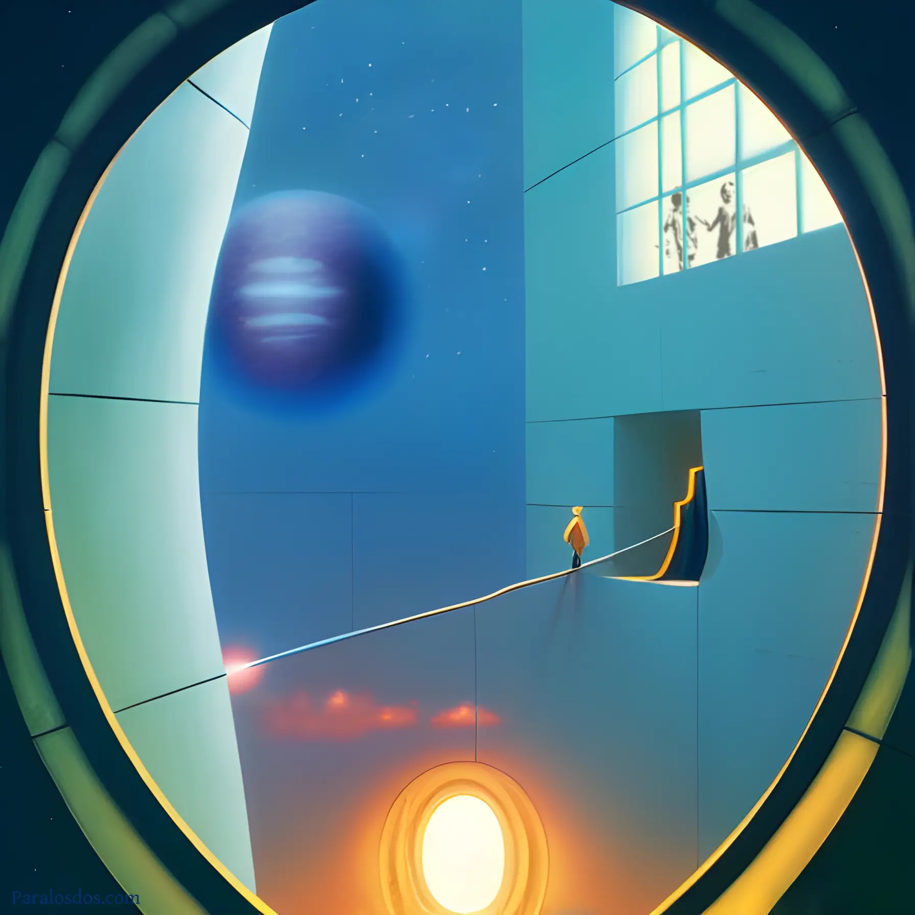 A fantastical artistic rendering of a figure walking an almost nonexistent path between buildings, with an otherworldly planet in the sky.