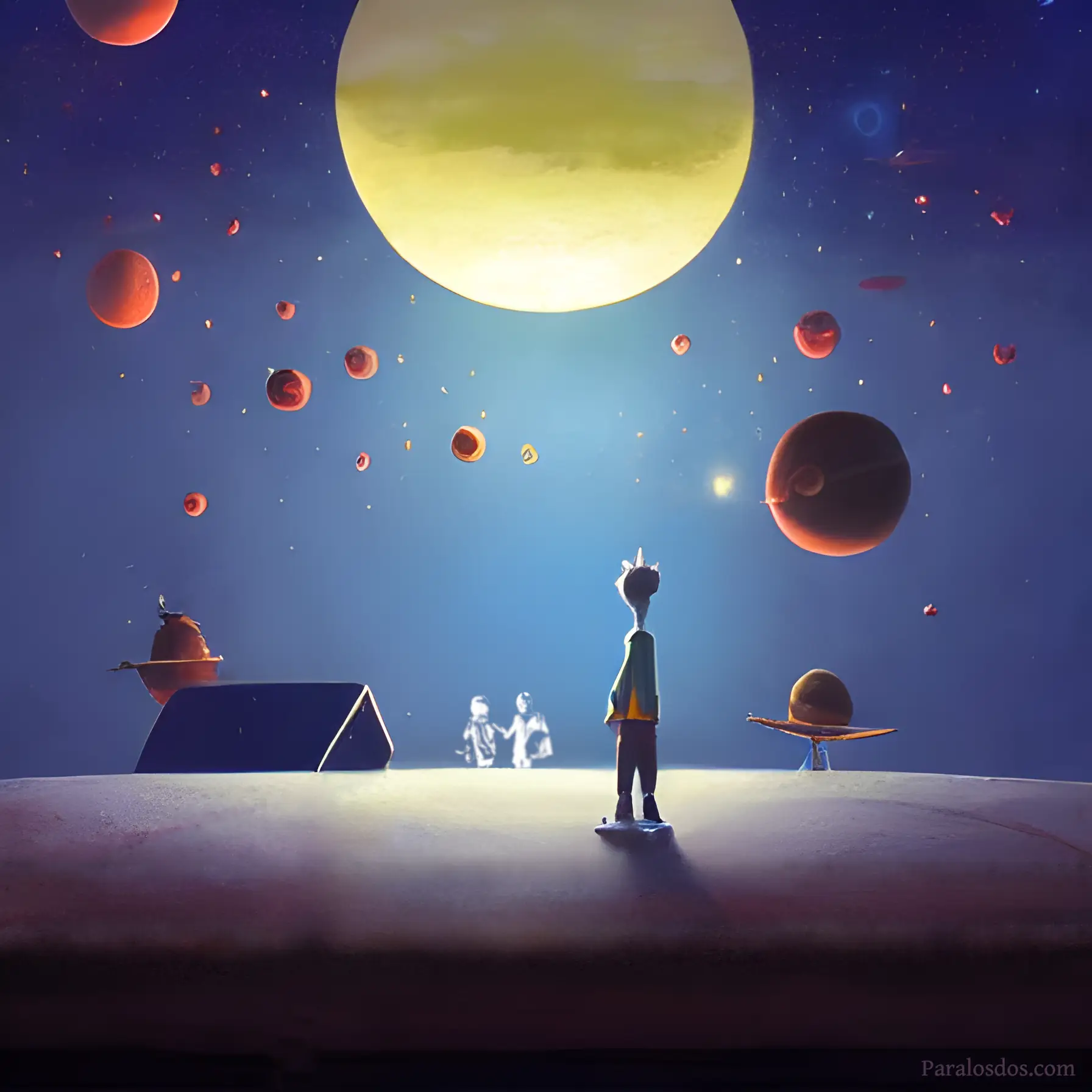 A fantastical artistic rendering of a figure standing on the surface of a planet looking at a sky full of planets.
