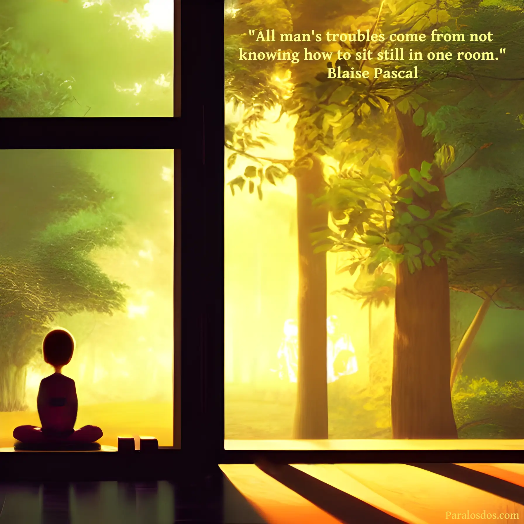 An artistic rendering of a figure seated in a room that opens on to a sunlit forest. The quote reads: "All man's troubles come from not knowing how to sit still in one room." Blaise Pascal