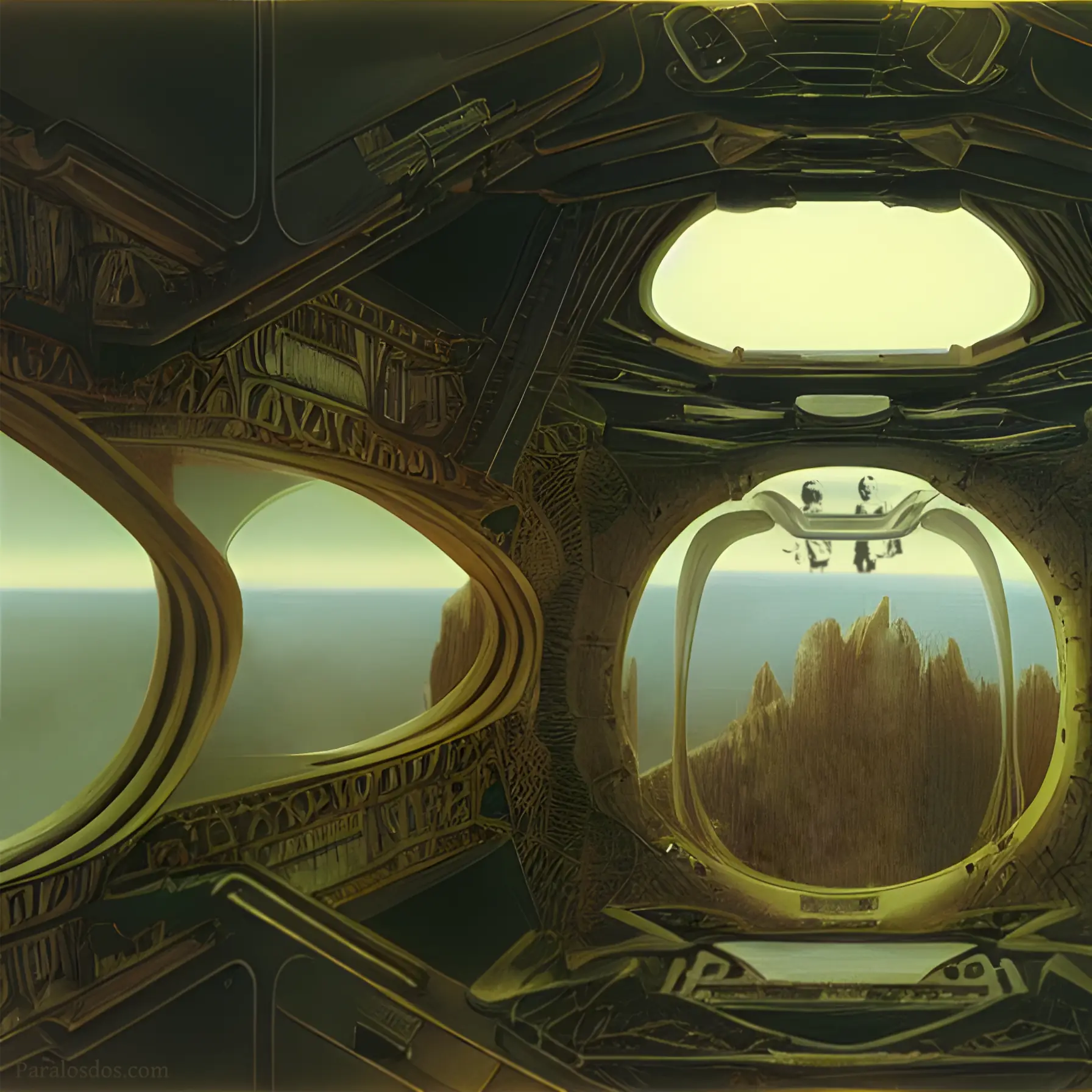 A fantastical artistic rendering from the inside of an alien spaceship, looking out onto mountains and the horizon of a vast ocean.
