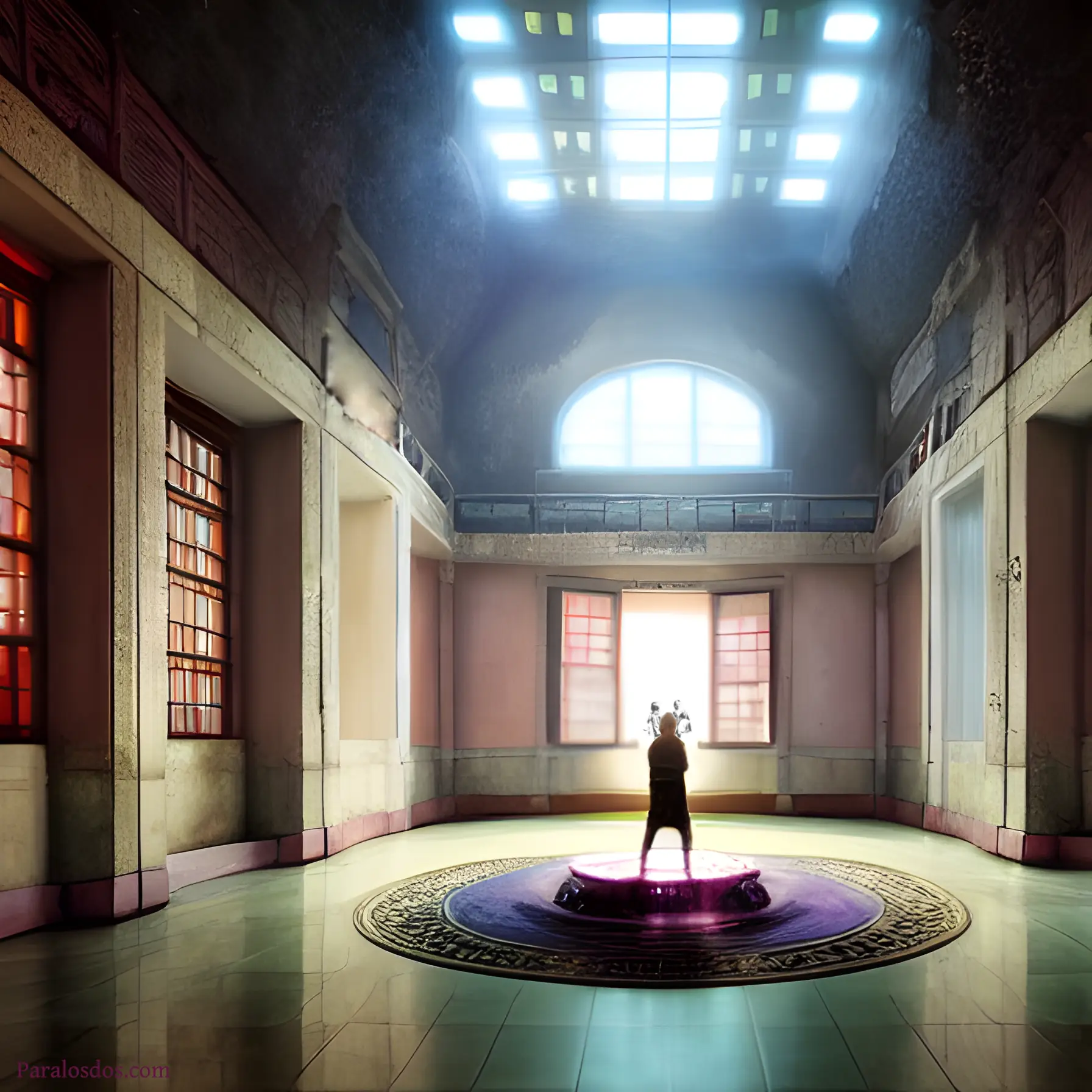 An artistic rendering of a figure standing on a raised circle in the middle of a large, bare room. The figure is facing a large and brightly sunlit open window at the end of the room.