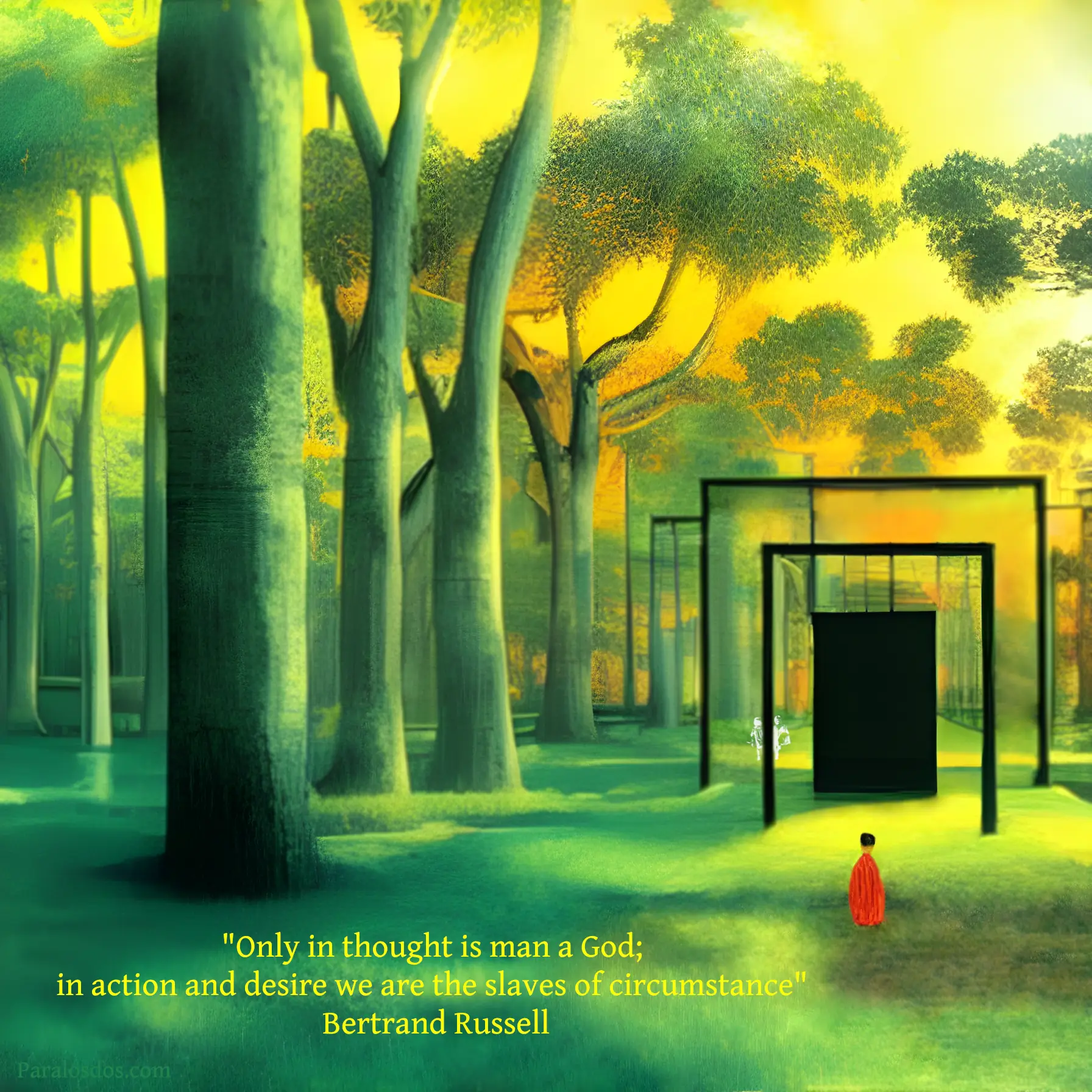 An artistic rendering of a doorway or portal in the forest. A figure stands contemplating the doorway. The quote reads: "Only in thought is man a God; in action and desire we are the slaves of circumstance" Bertrand Russell