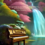 An artistic rendering of a piano beside a waterfall. The quote reads: “Through music we may wander where we will in time, and find friends in every century.” Helen Thompson Woolley