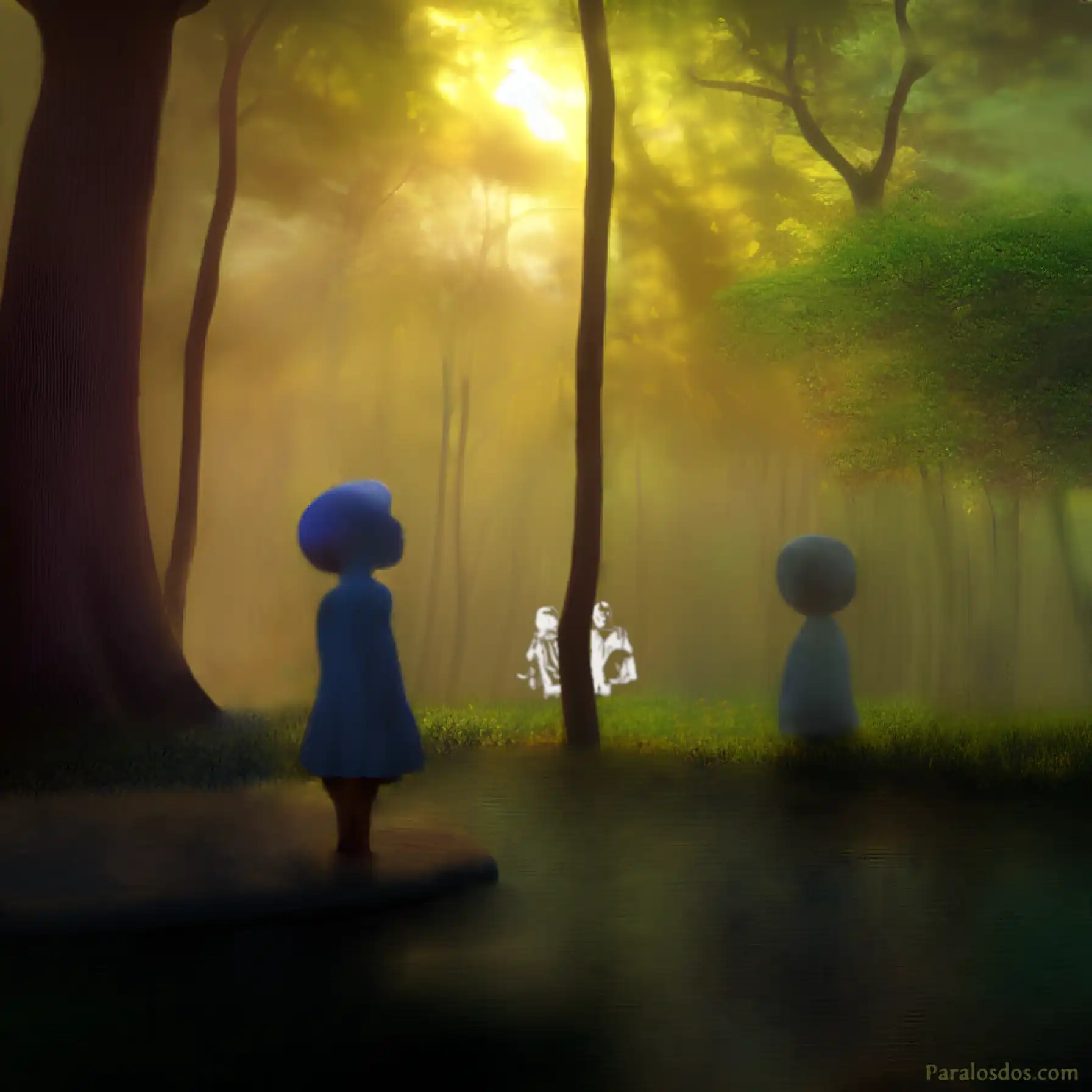 A whimsical artistic rendering of figures mirroring each other across a small river in the woods.