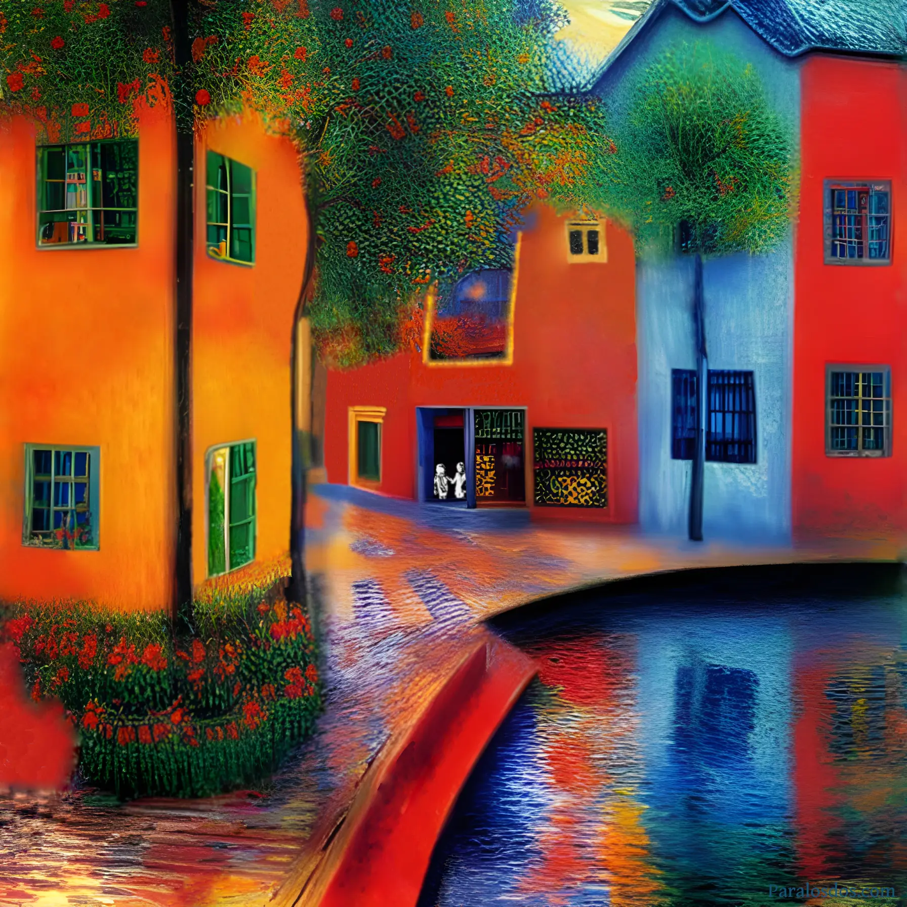 An artistic rendering of a few buildings in a colourful village. The paths are only for walking, and the homes are beside a small body of water.