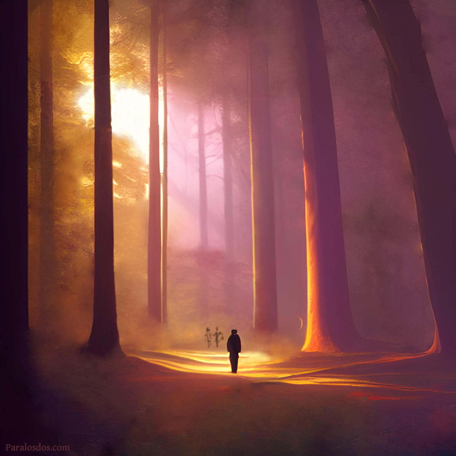 An artistic rendering of a figure walking towards the light in a forest of very tall trees.