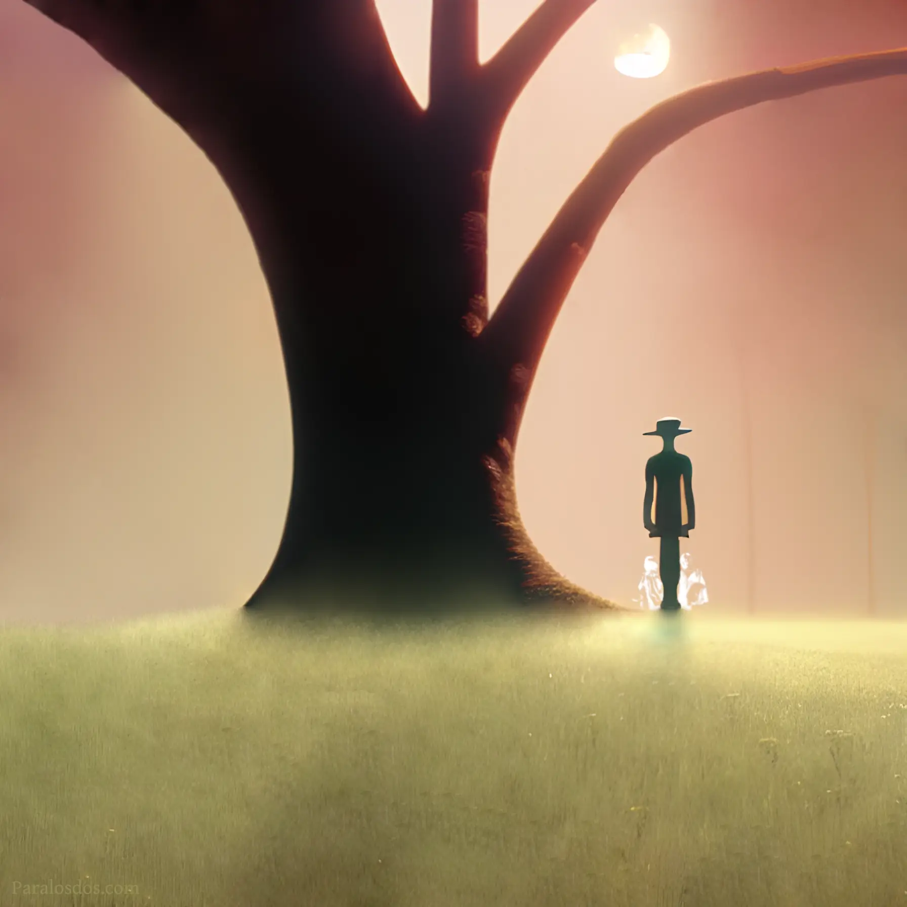 An Artistic rendering of a figure standing tho the right of a big old tree. There is the sense of light growing mysteriously in the foreground.