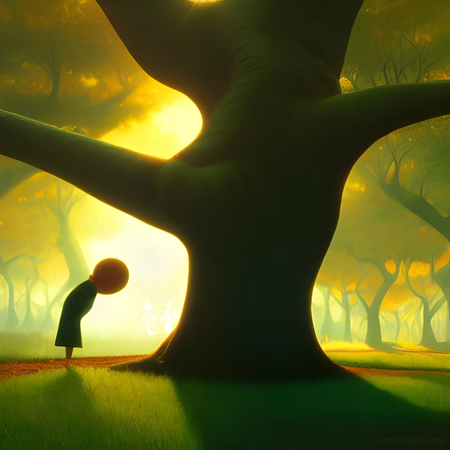 An artistic rendering of a figure bowing before a large, old tree.