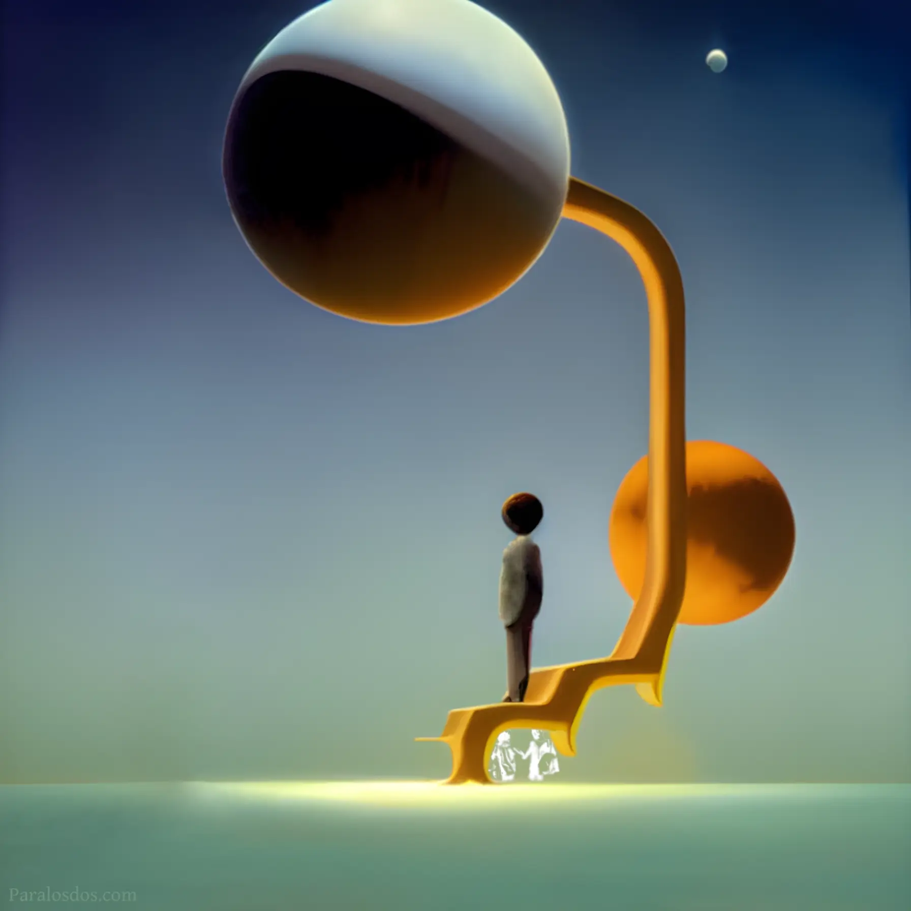 A fantastical artistic rendering of a figure walking up steps suspended above a liquid, with planets in the background.