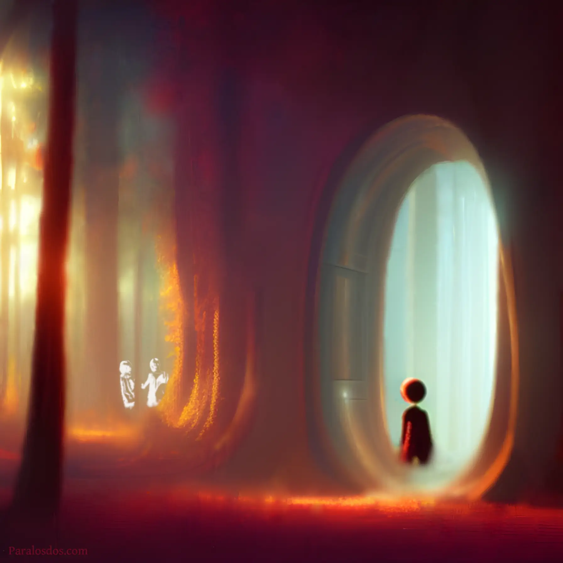 An artistic rendering of a figure moving into a portal in a forest that leads to another dimension.