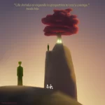 A fantastical artistic rendering of a figure on a hill looking at himself standing on another hill in the distance. The further hill has a red tree on it with a glowing greenish light in it's trunk. The quote reads: "Life shrinks or expands in proportion to one’s courage." Anaïs Nin