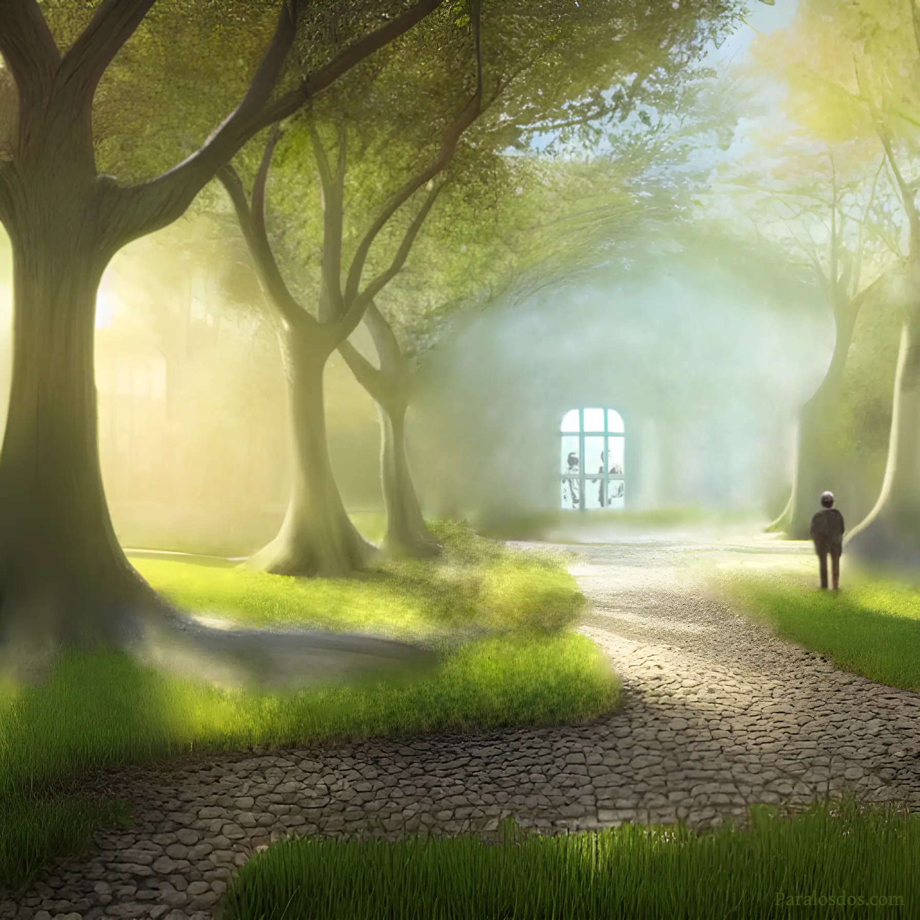 An artistic rendering of a path in a wooded garden leading to a backlit window in a mist. There is a figure just off the path moving towards the window.