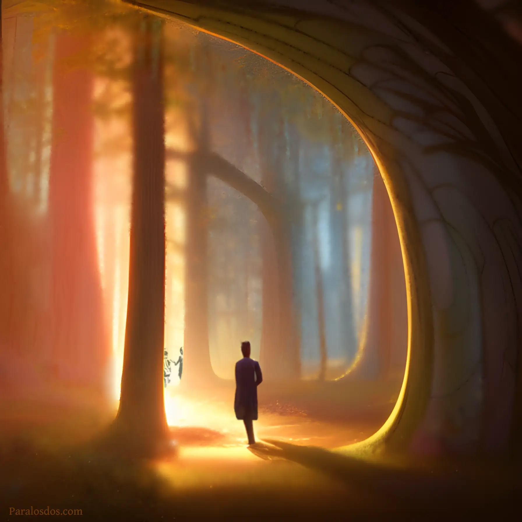 An artistic rendering of a figure in a fantastical forest walking towards an eerie light.