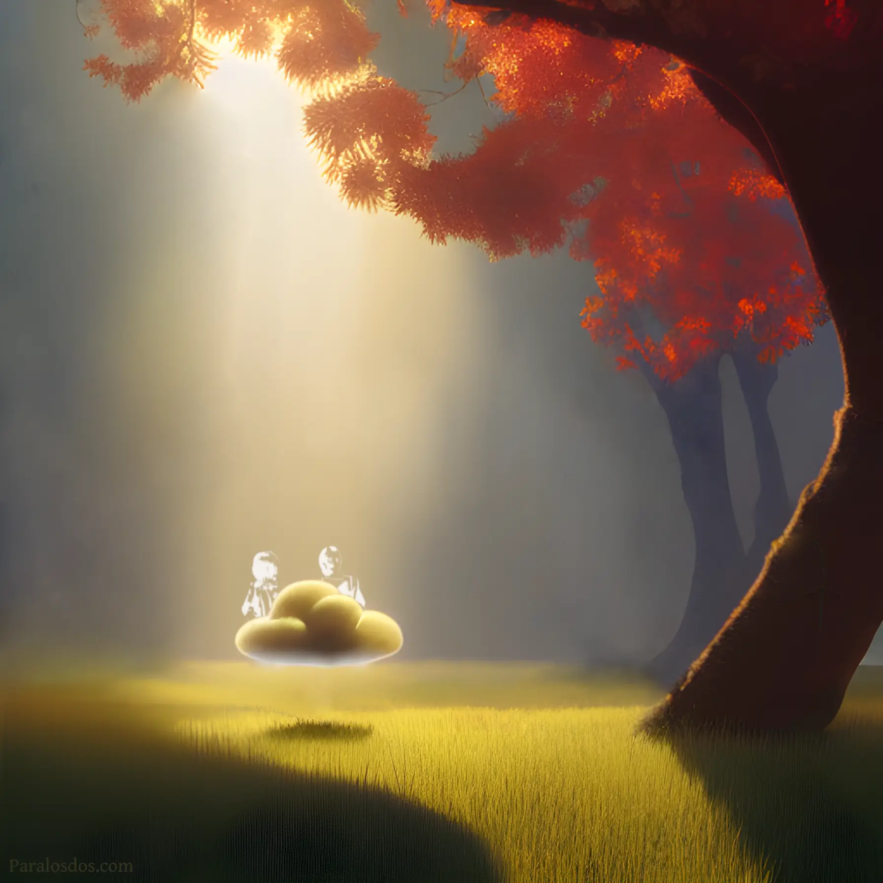 An artistic rendering of a small cloud hovering just above the ground in a clearing in the forest. There is a shaft of light in the foreground.