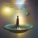 A fantastical artistic rendering of a figure stranding on a disk suspended in space. The figure is looking towards an earthlike planet. The quote reads: "Let us think the unthinkable, let us do the undoable, let us prepare to grapple with the ineffable itself, and see if we may not eff it after all." Douglas Adams
