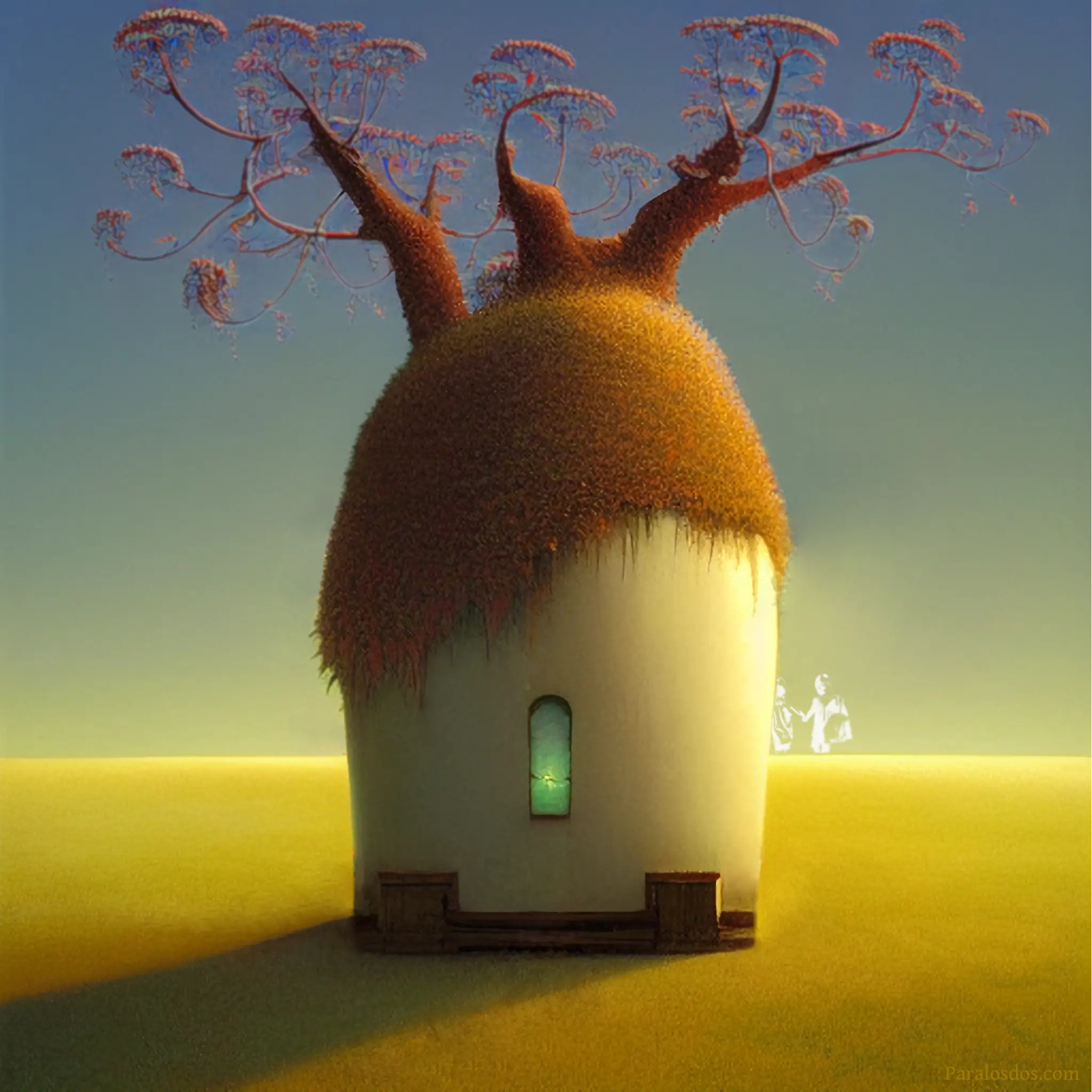 An artistic rendering of a weird hobbit/Dr. Seuss like house with trees growing out of the roof. There is nothing else but a glowing horizon in the background.