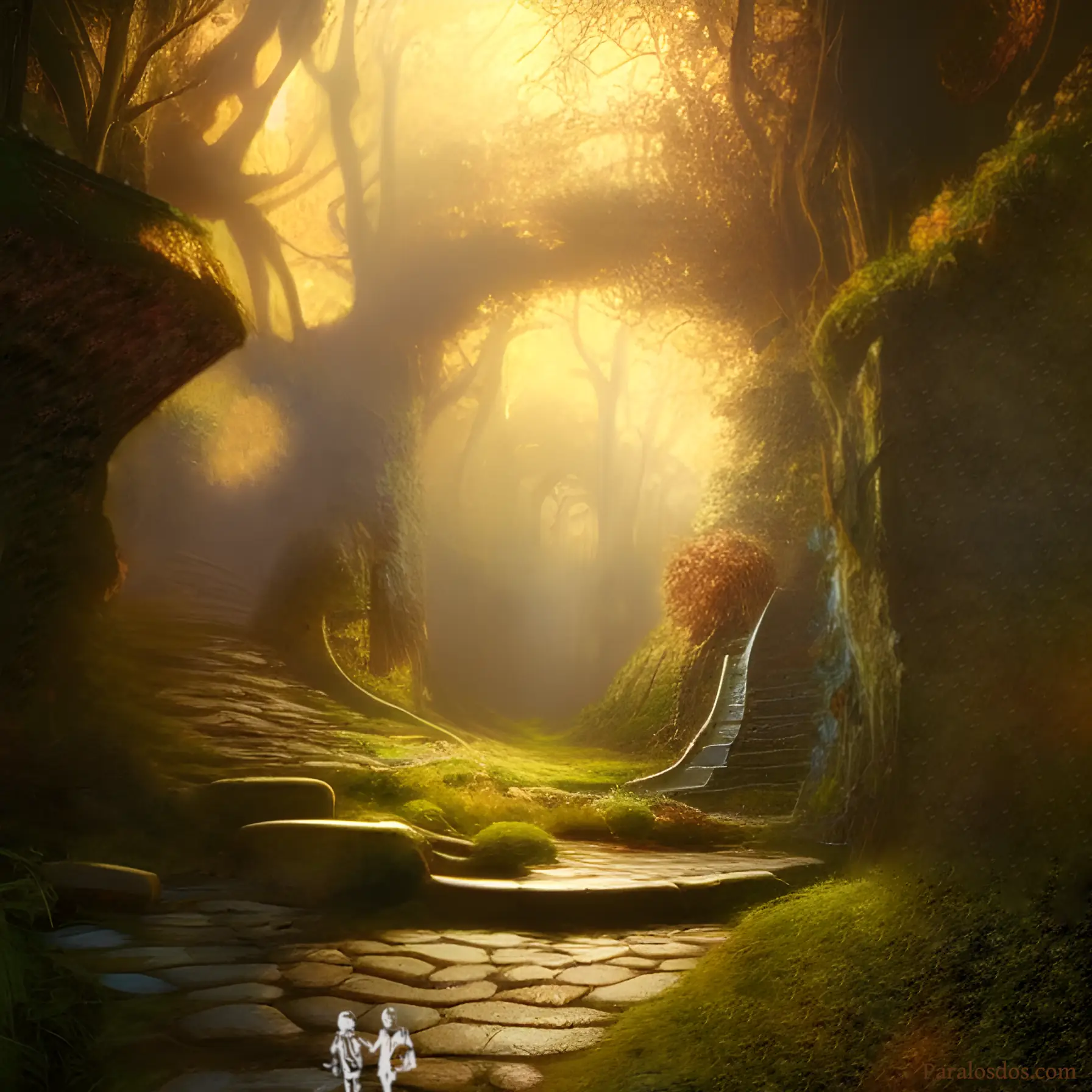 An artistic rendering of a fork in a path through a Hobbit like woods. Both forks lead upwards.