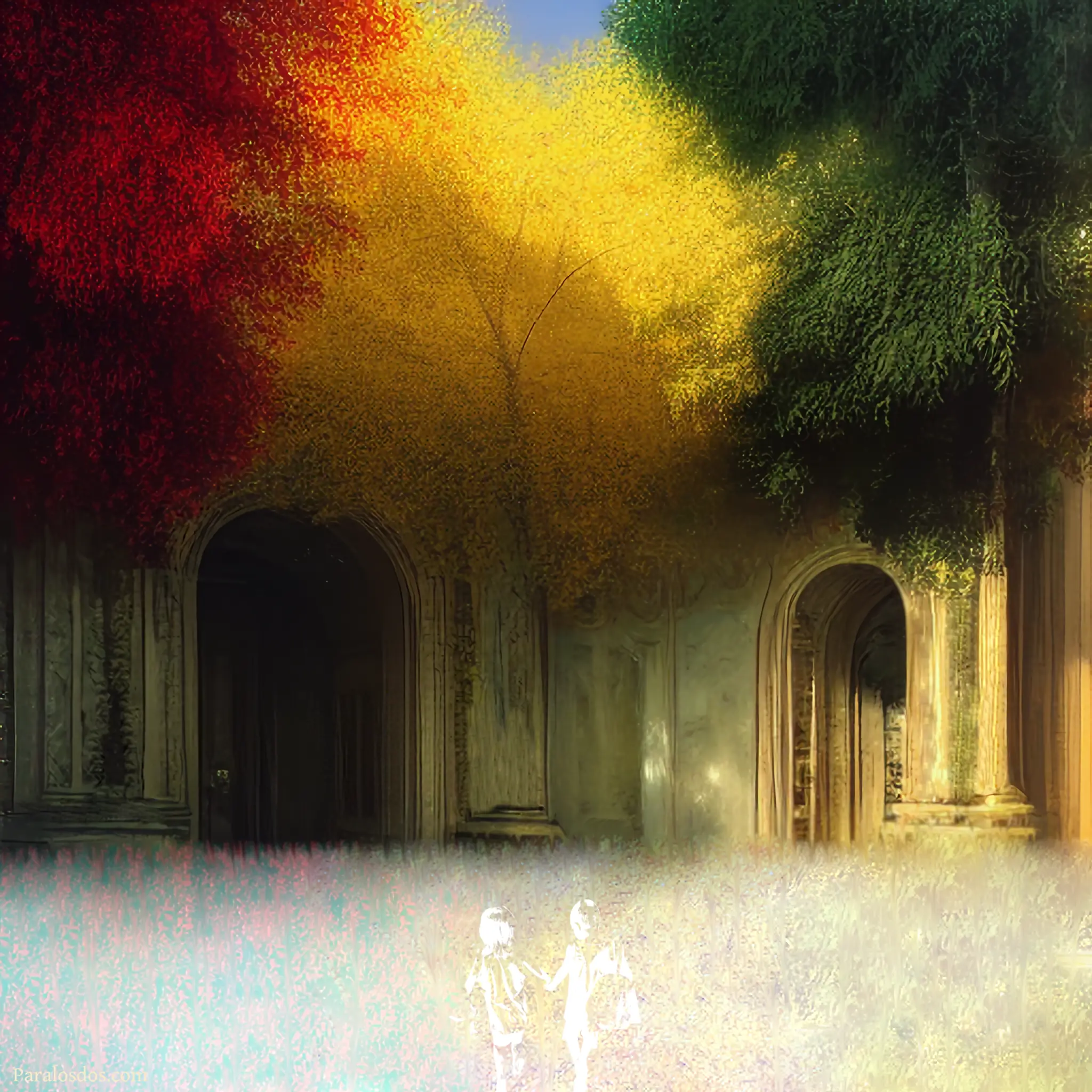 An artistic rendering of colourful trees clustered above doorways in a courtyard with overgrown and colourful grass.