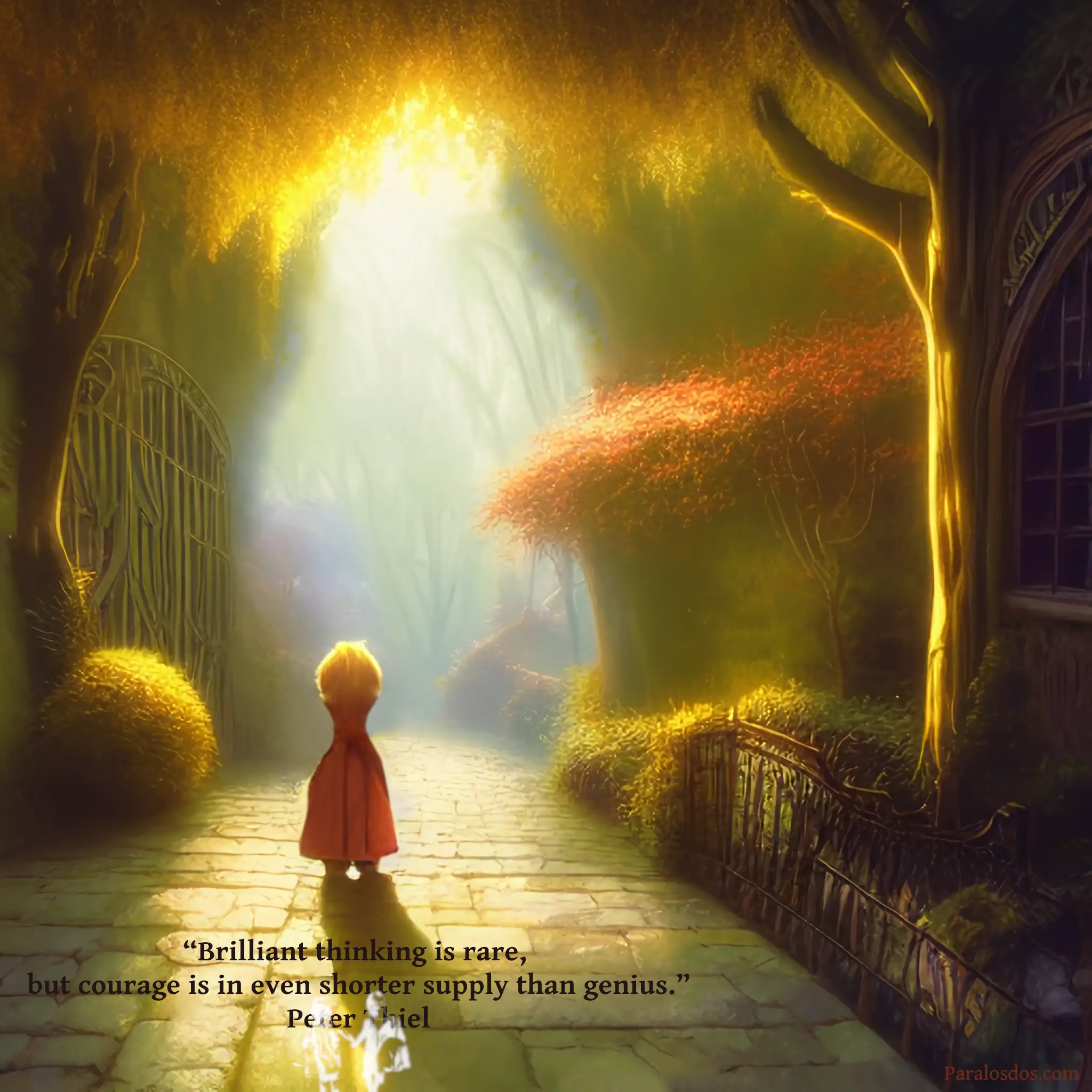 An artistic rendering of a figure on a village path walking towards a light filled gap in a woods. The quote reads: “Brilliant thinking is rare, but courage is in even shorter supply than genius.” Peter Thiel