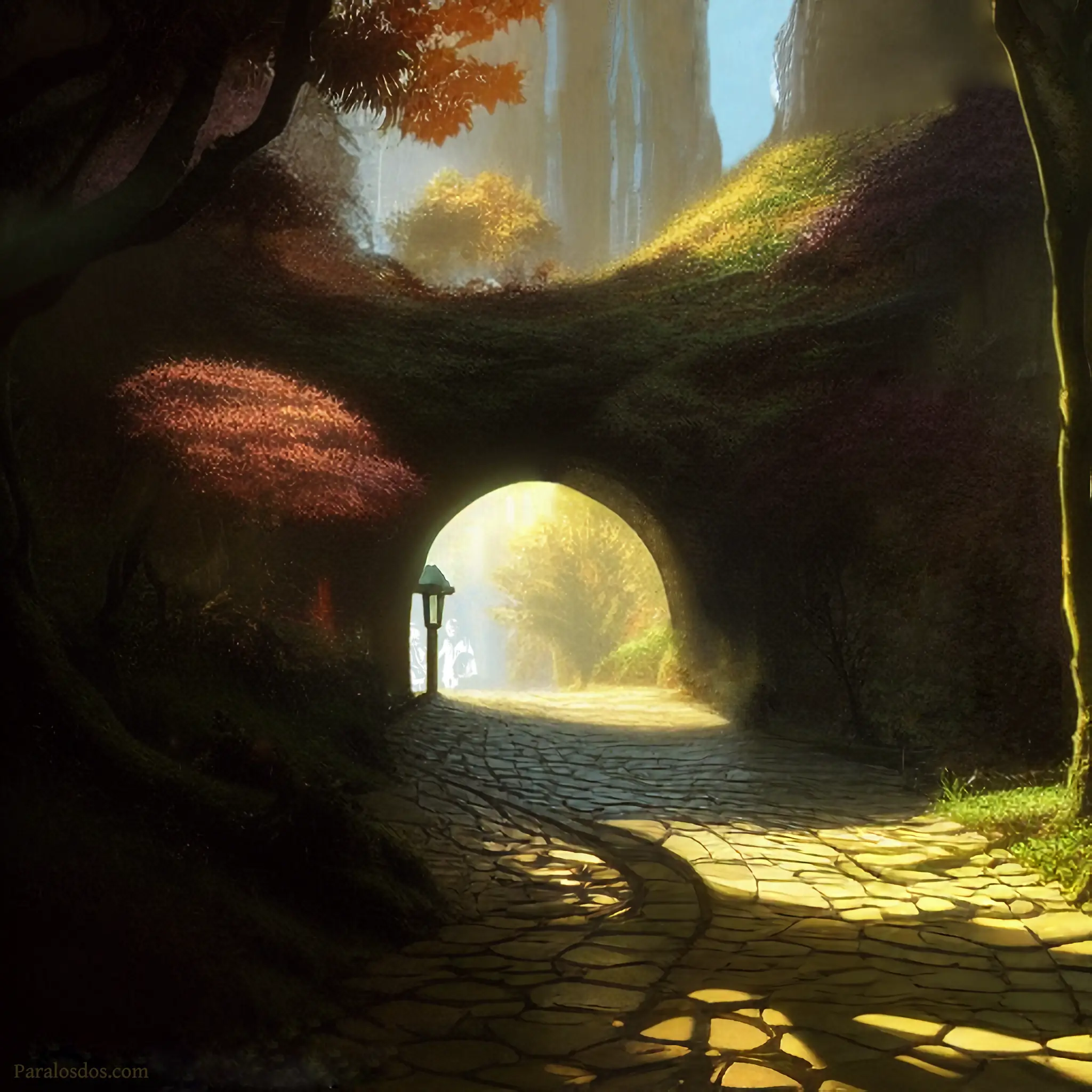 An artistic rendering of a cobblestone path leading through a small overpass which connects parts of a forest.