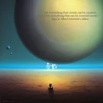 An artistic rendering of a figure, that could be organic or mechanical, in the foreground of a vast space. The background is three planets, one of which is enormous. The quote reads: "Not everything that counts can be counted, and not everything that can be counted counts." Sign in Albert Einstein’s office